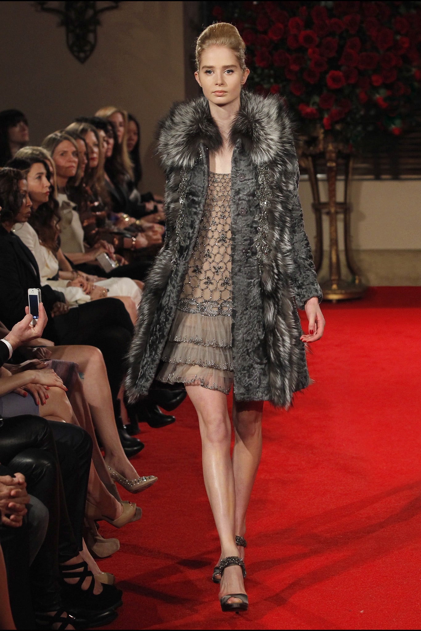 gray fur fitted layered coat