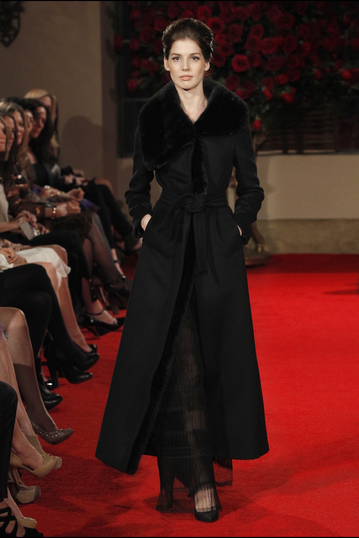black wool long-sleeve collared fitted belted maxi coat