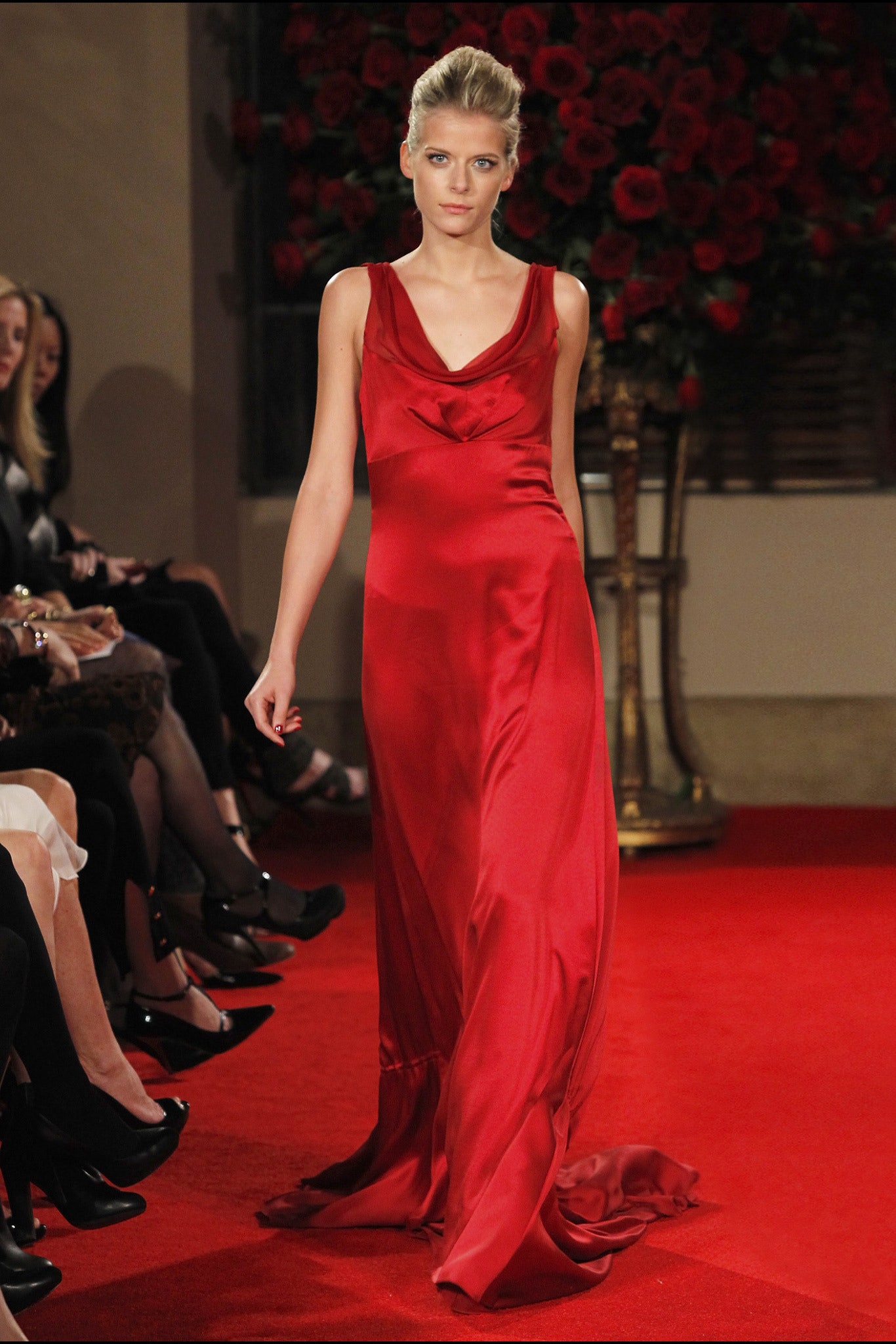 red silk sleeveless gown