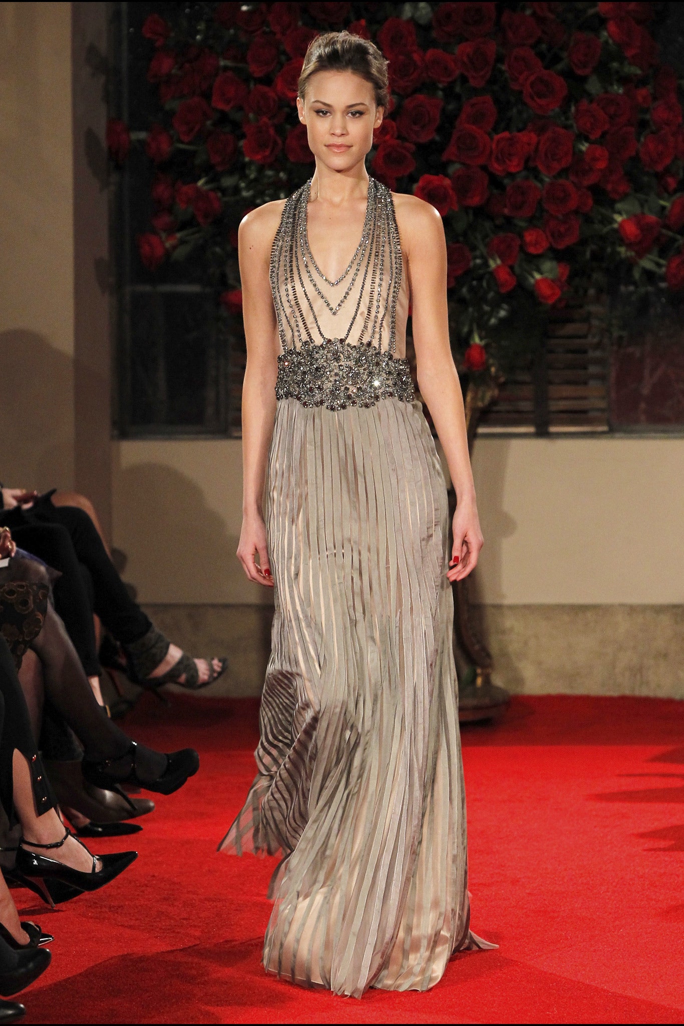 gray silk pleated gown