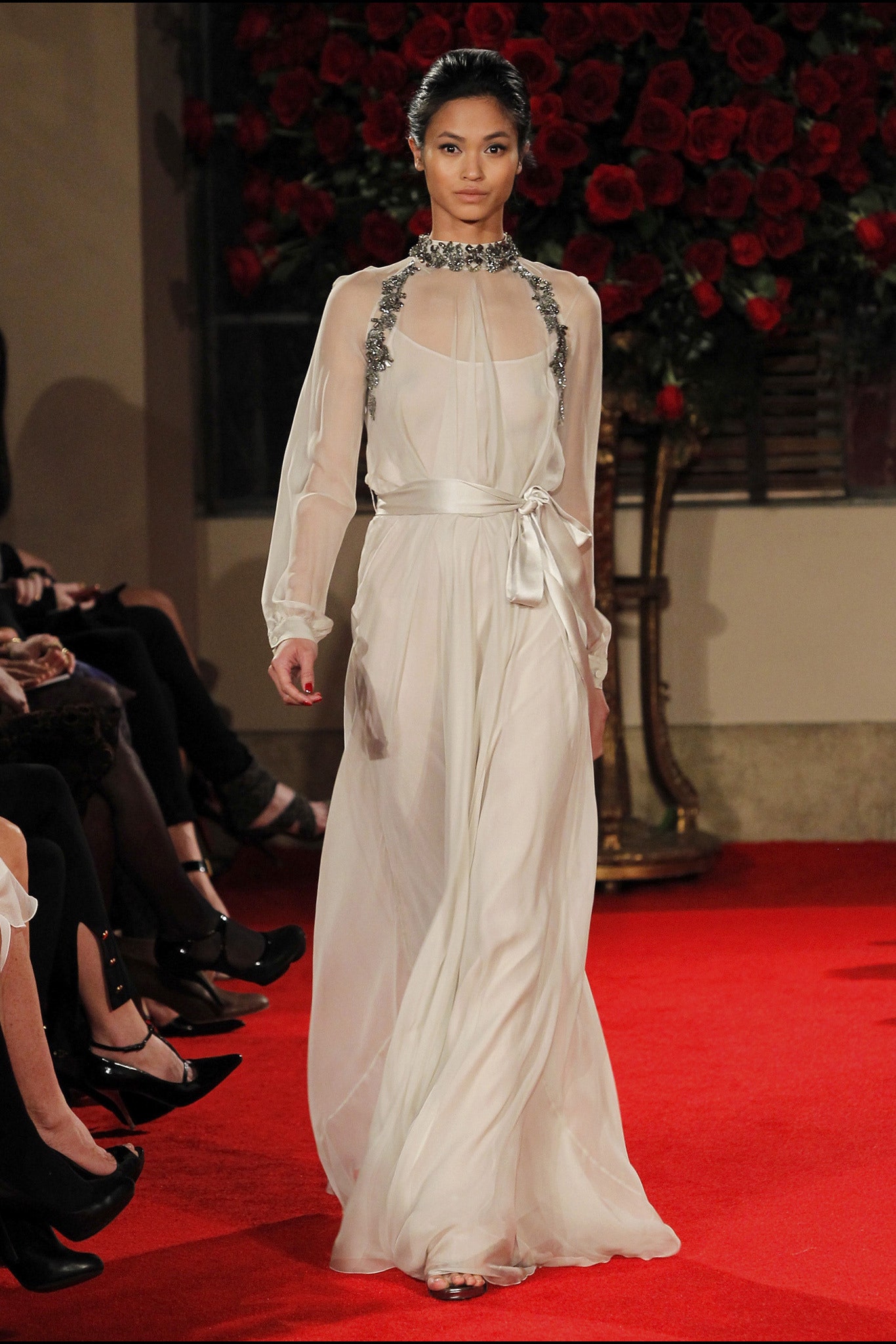 white silk long-sleeve gown