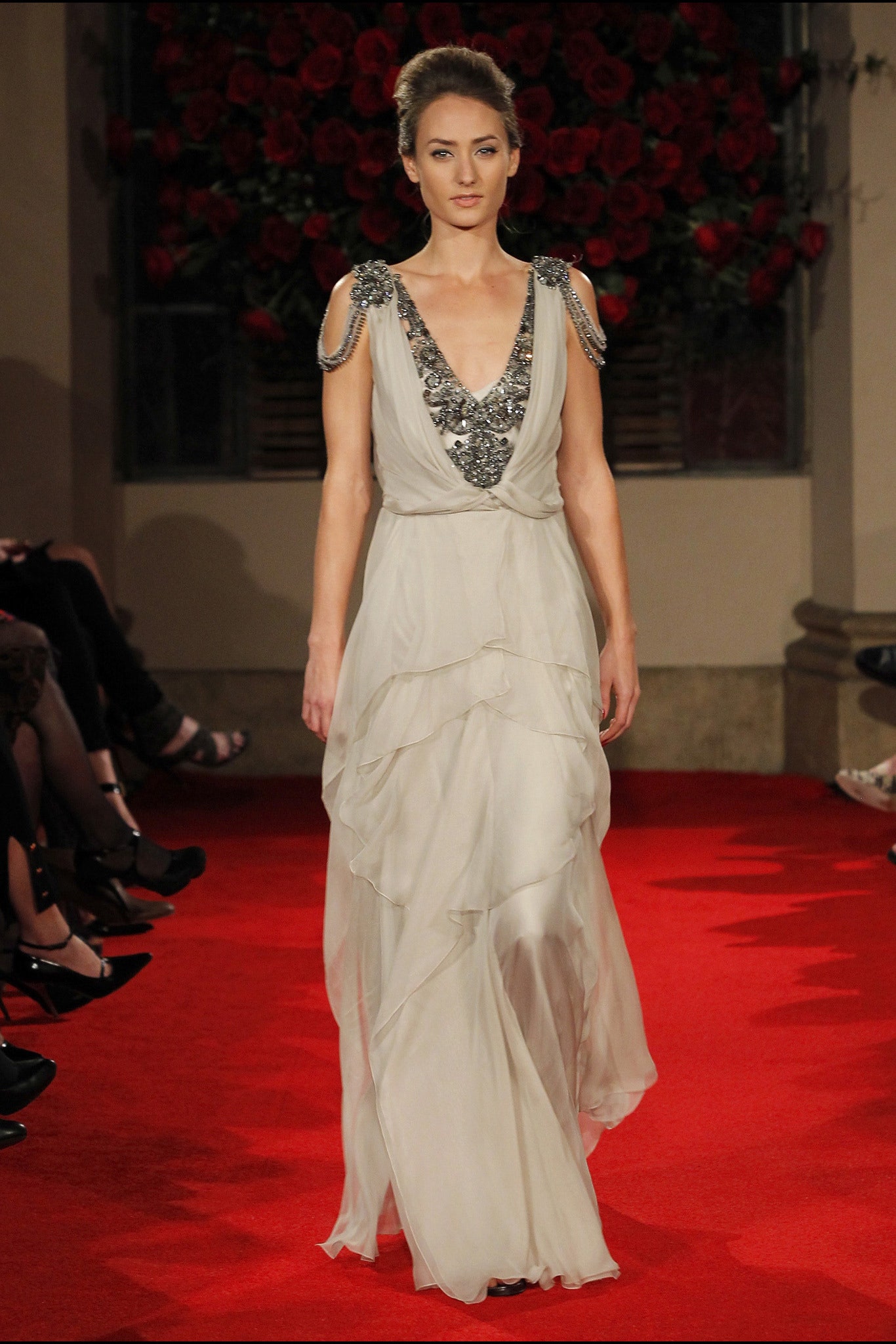 white silk sleeveless gown