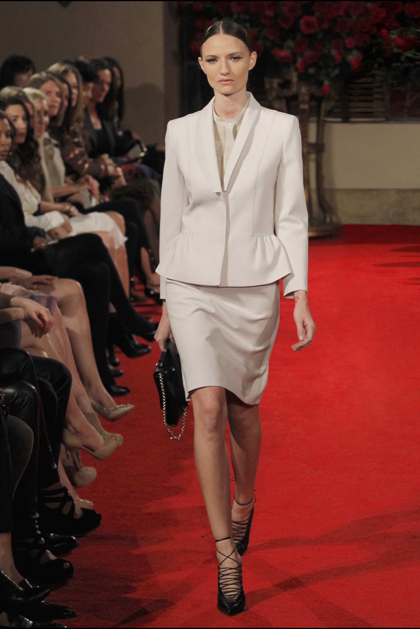 white silk long-sleeve collared fitted flared suit