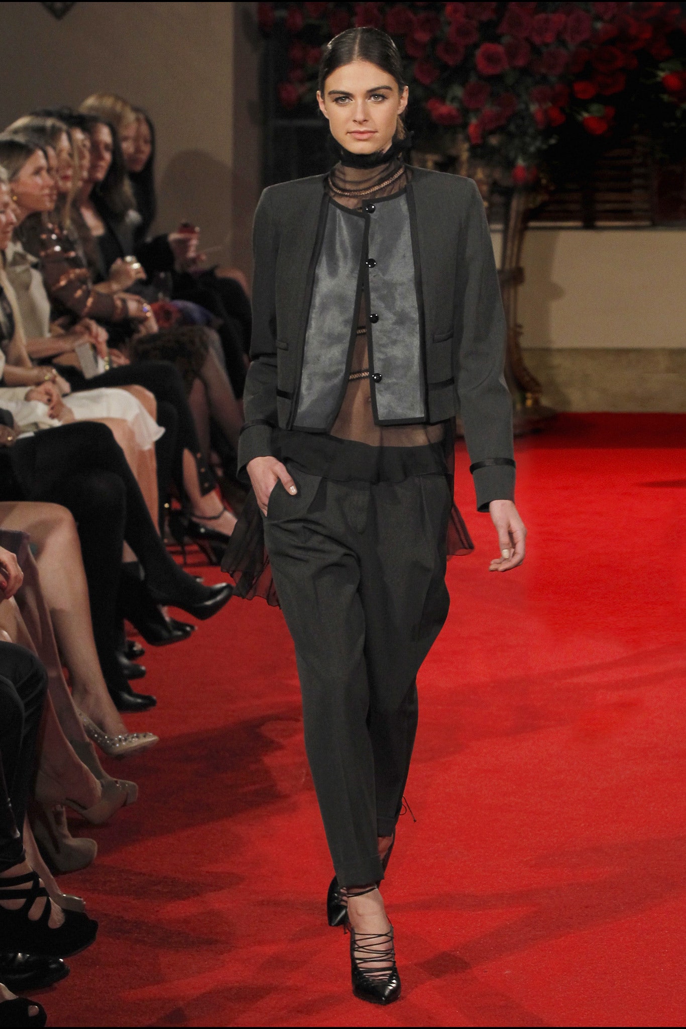 black silk long-sleeve collared fitted layered jacket