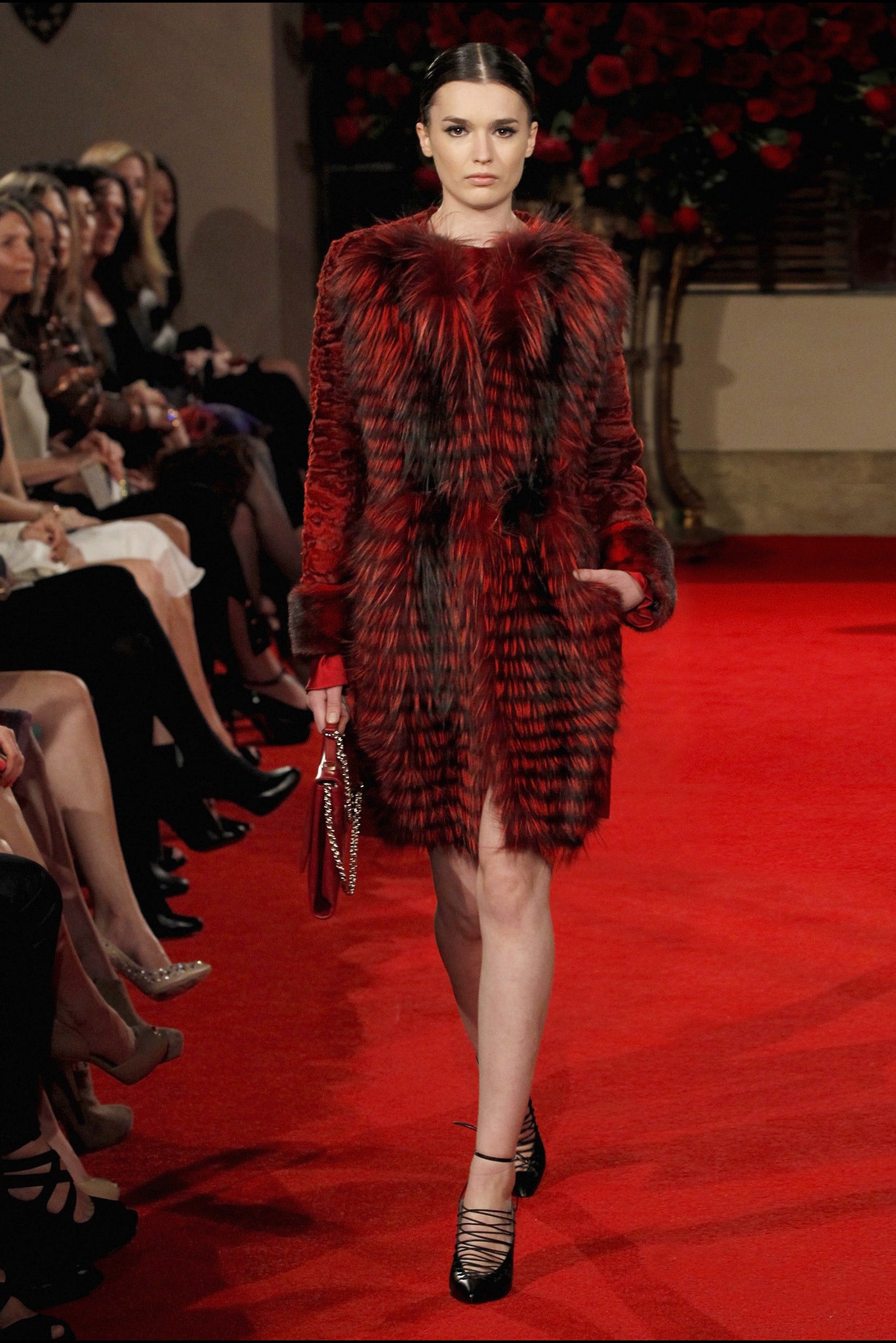 red fur long-sleeve collared fitted layered pockets coat