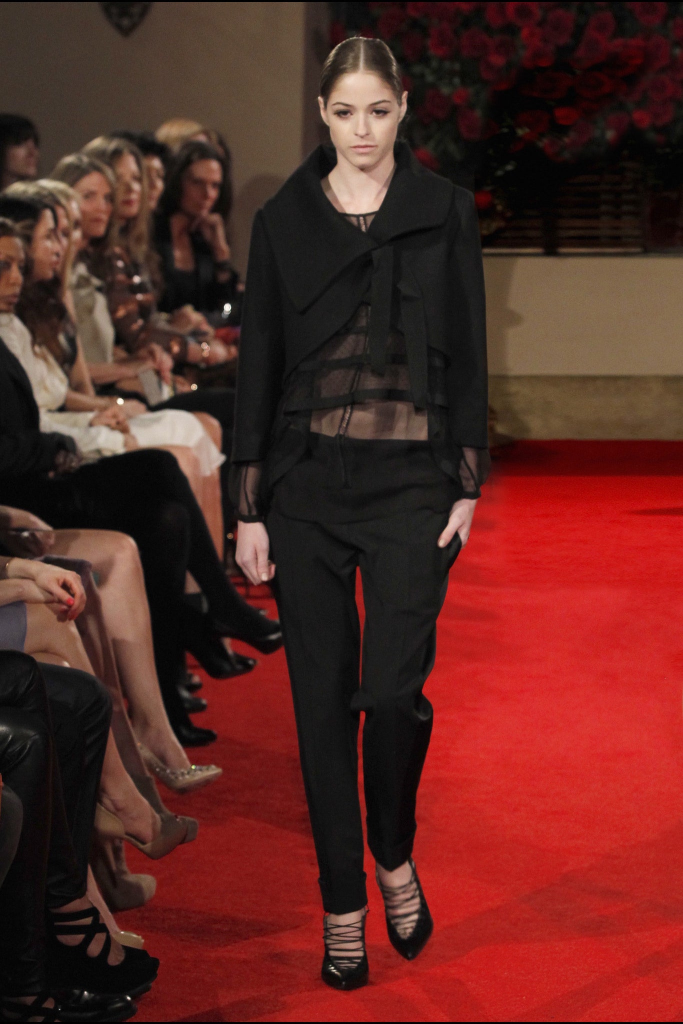 black silk long-sleeve collared fitted layered sheer jacket