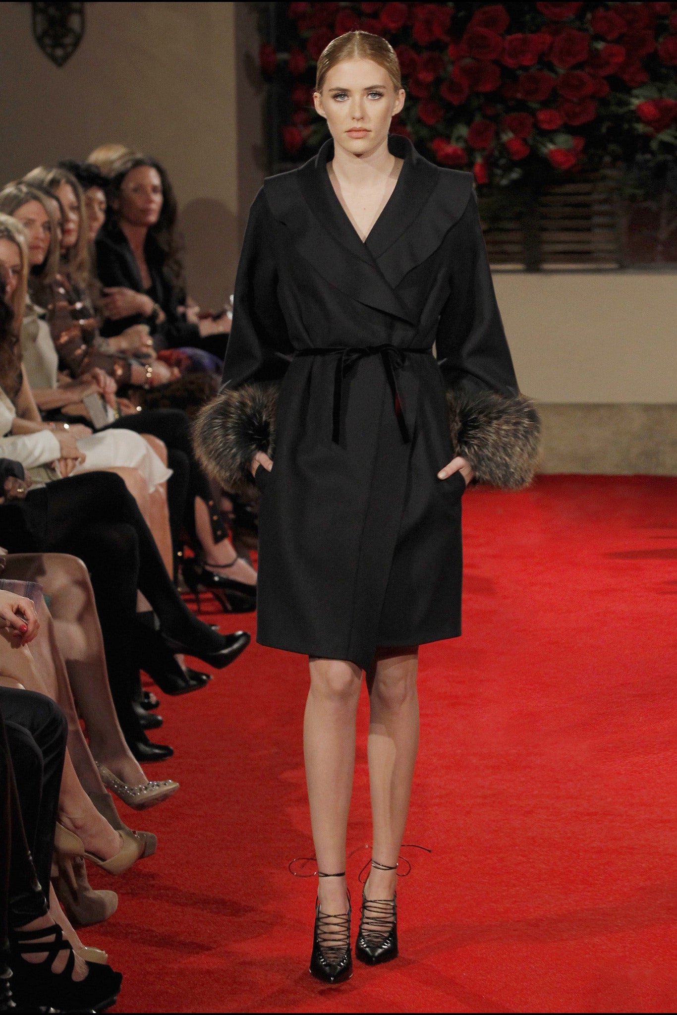 black wool long-sleeve collared fitted belted pockets coat