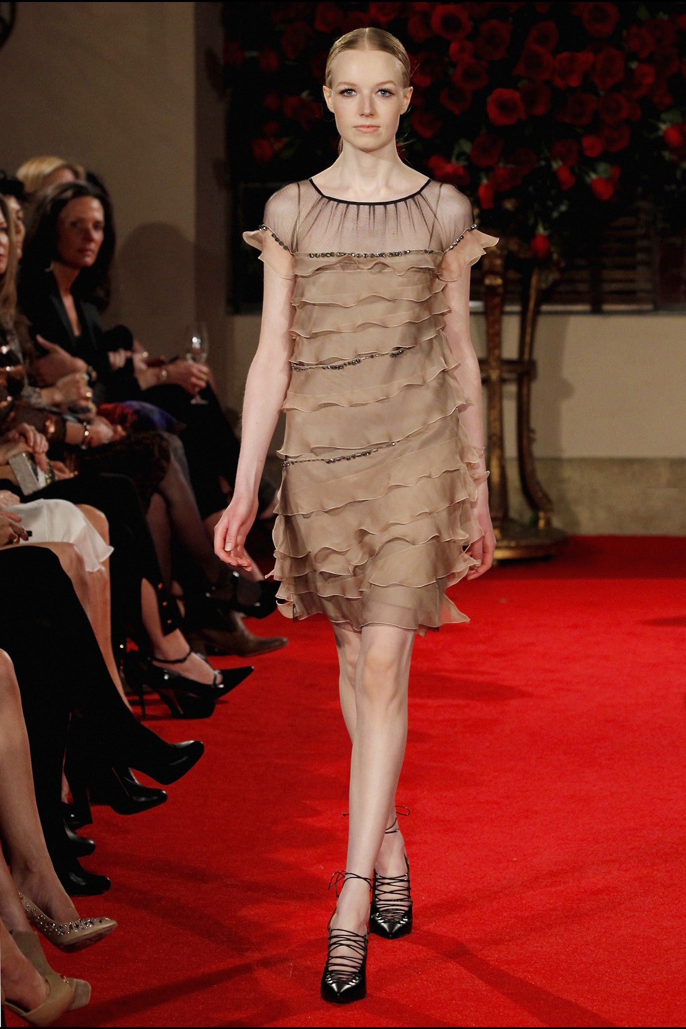beige silk ruffled mini dress