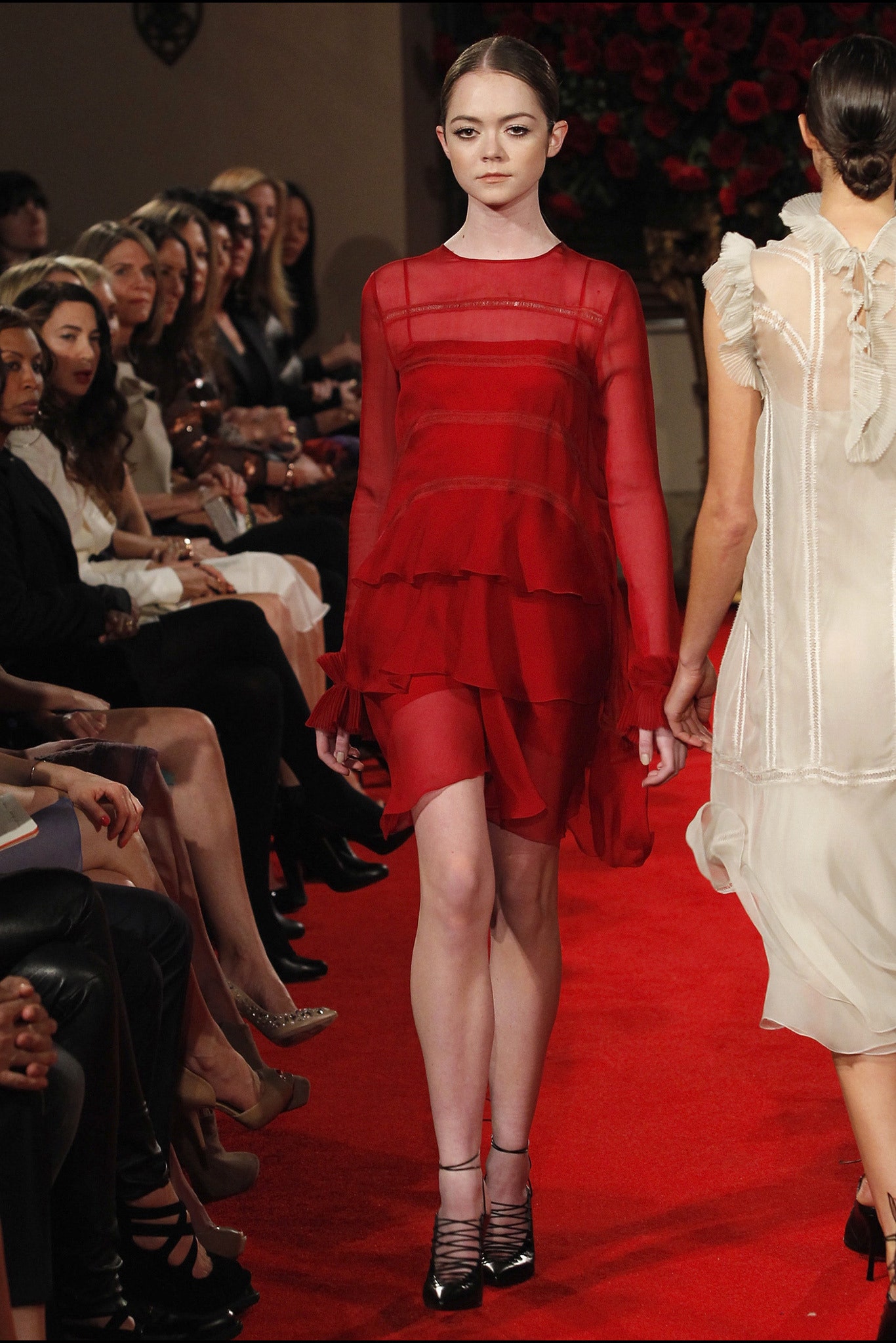 red silk long-sleeve dress