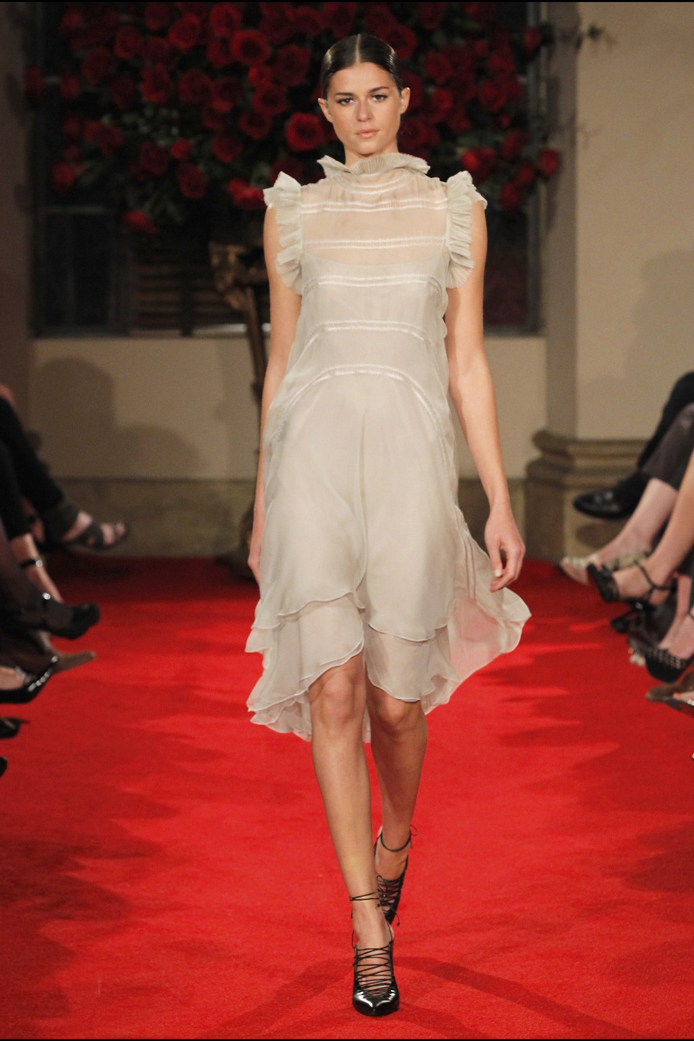 white silk ruffled midi dress