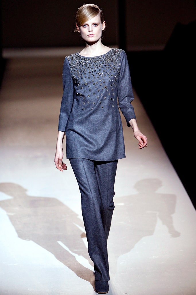 gray wool top and tailored pants