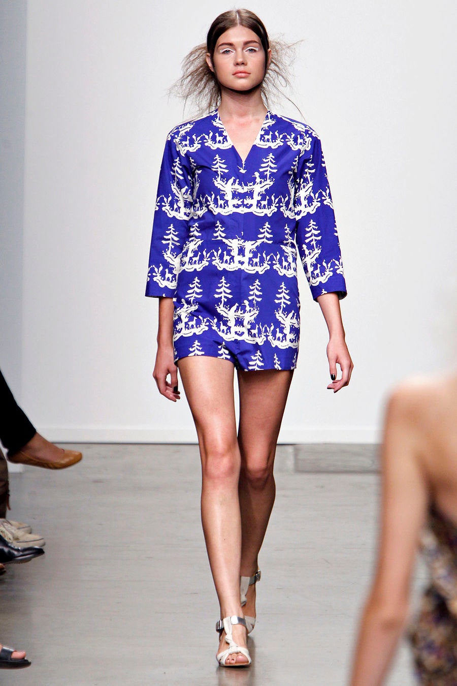 blue and white printed romper