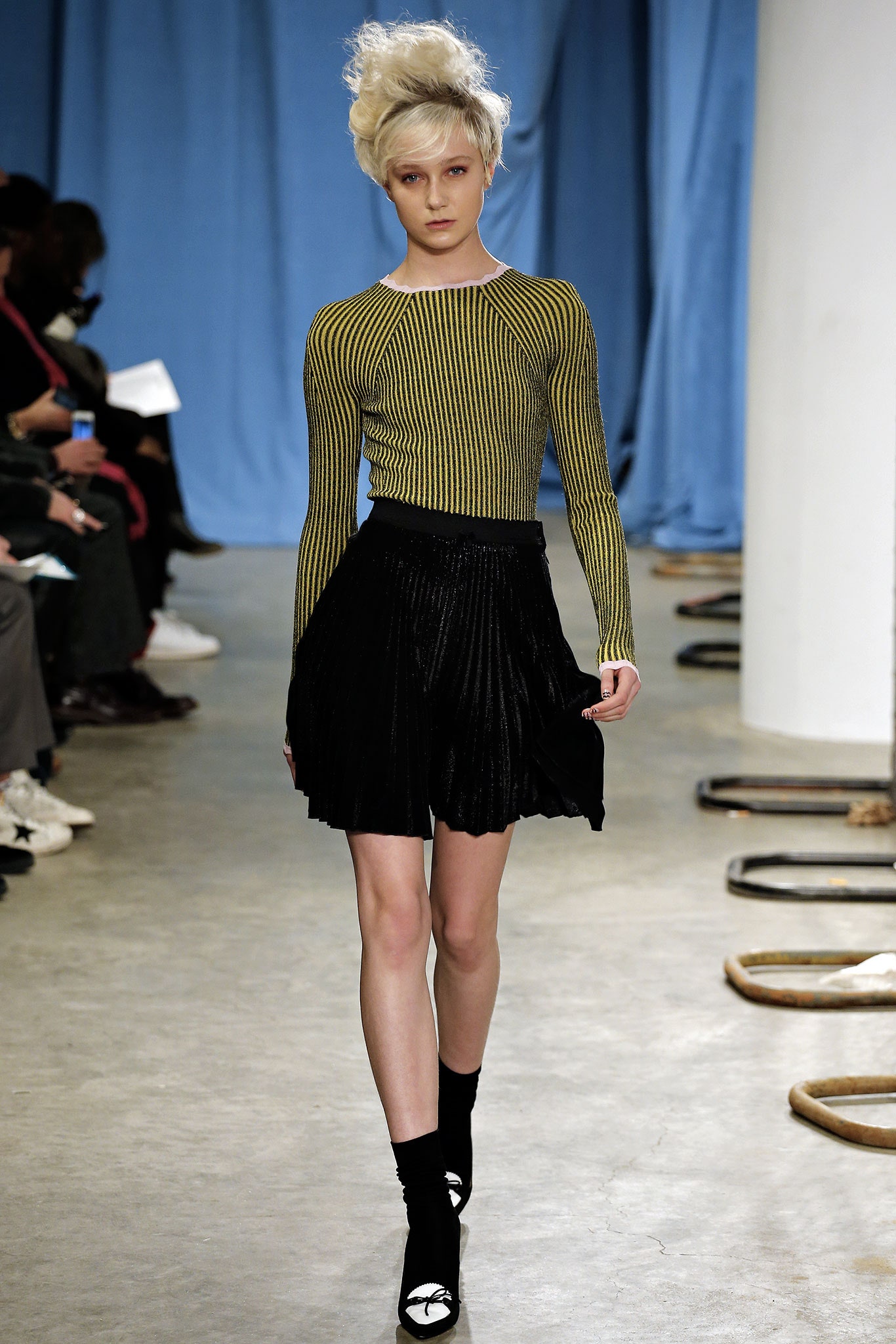 fitted striped top and pleated skirt