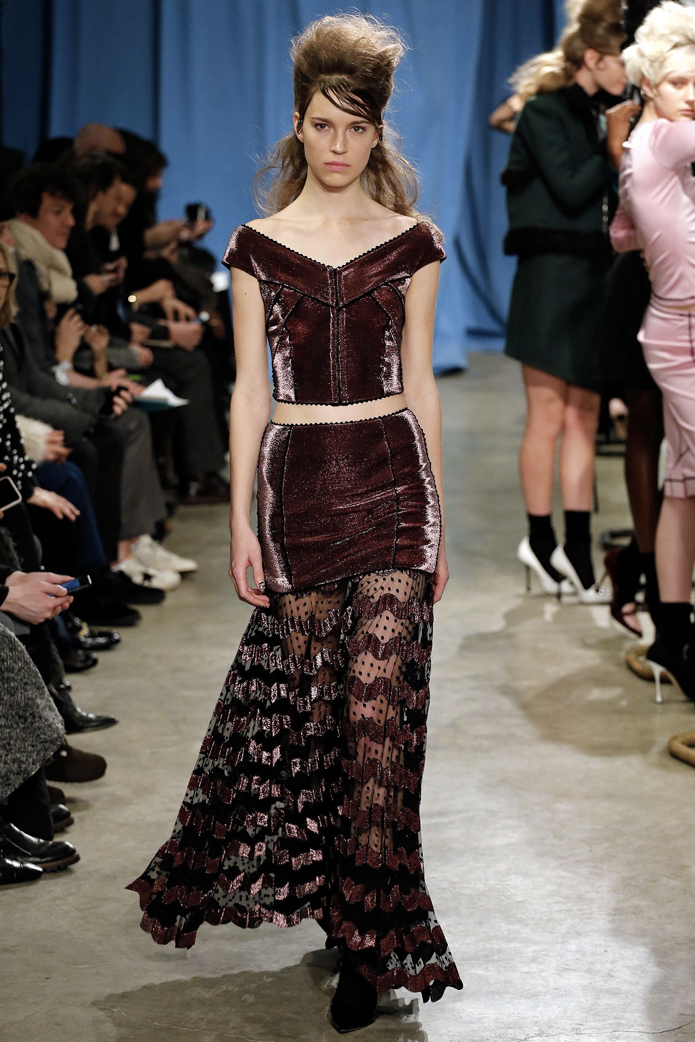 maroon velvet crop-top and skirt