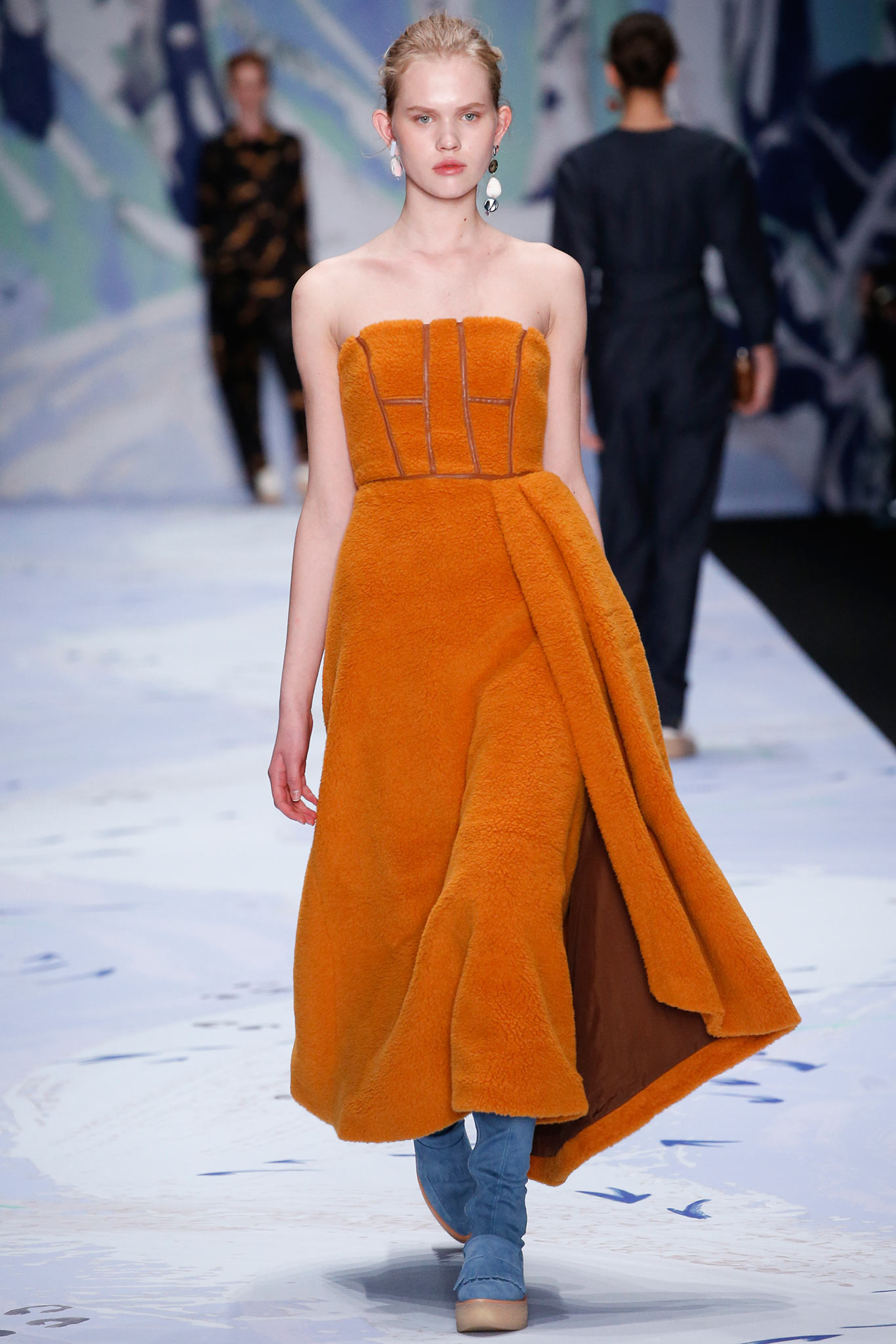 orange faux-fur strapless gown