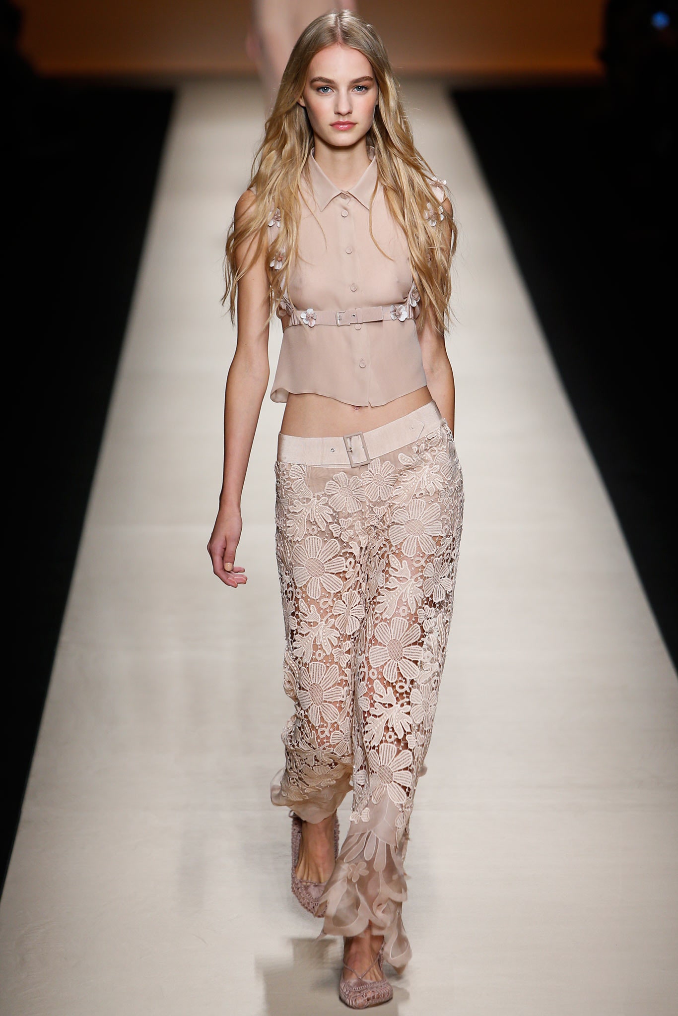 beige silk sleeveless top with lace pants
