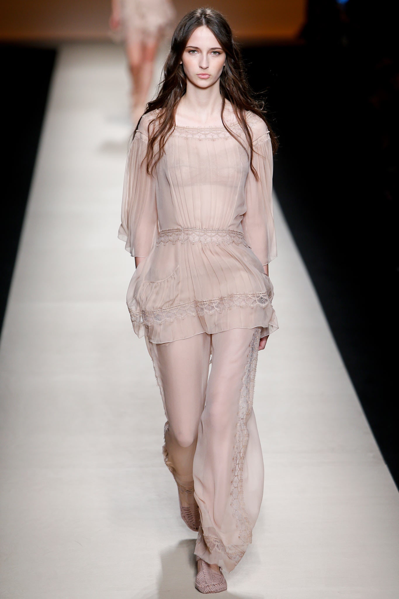 beige silk pleated dress and pants