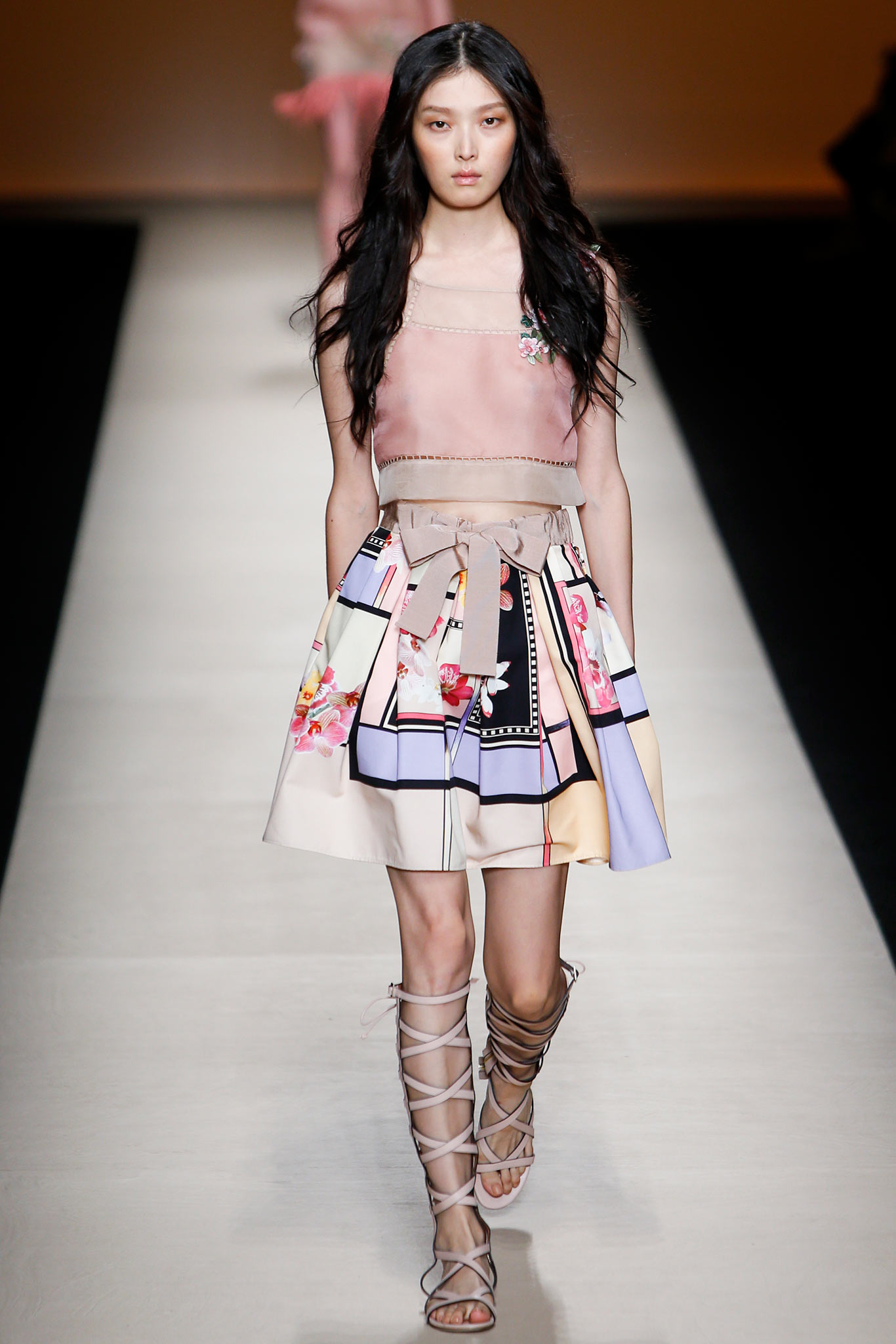pink silk top with embroidered mini skirt