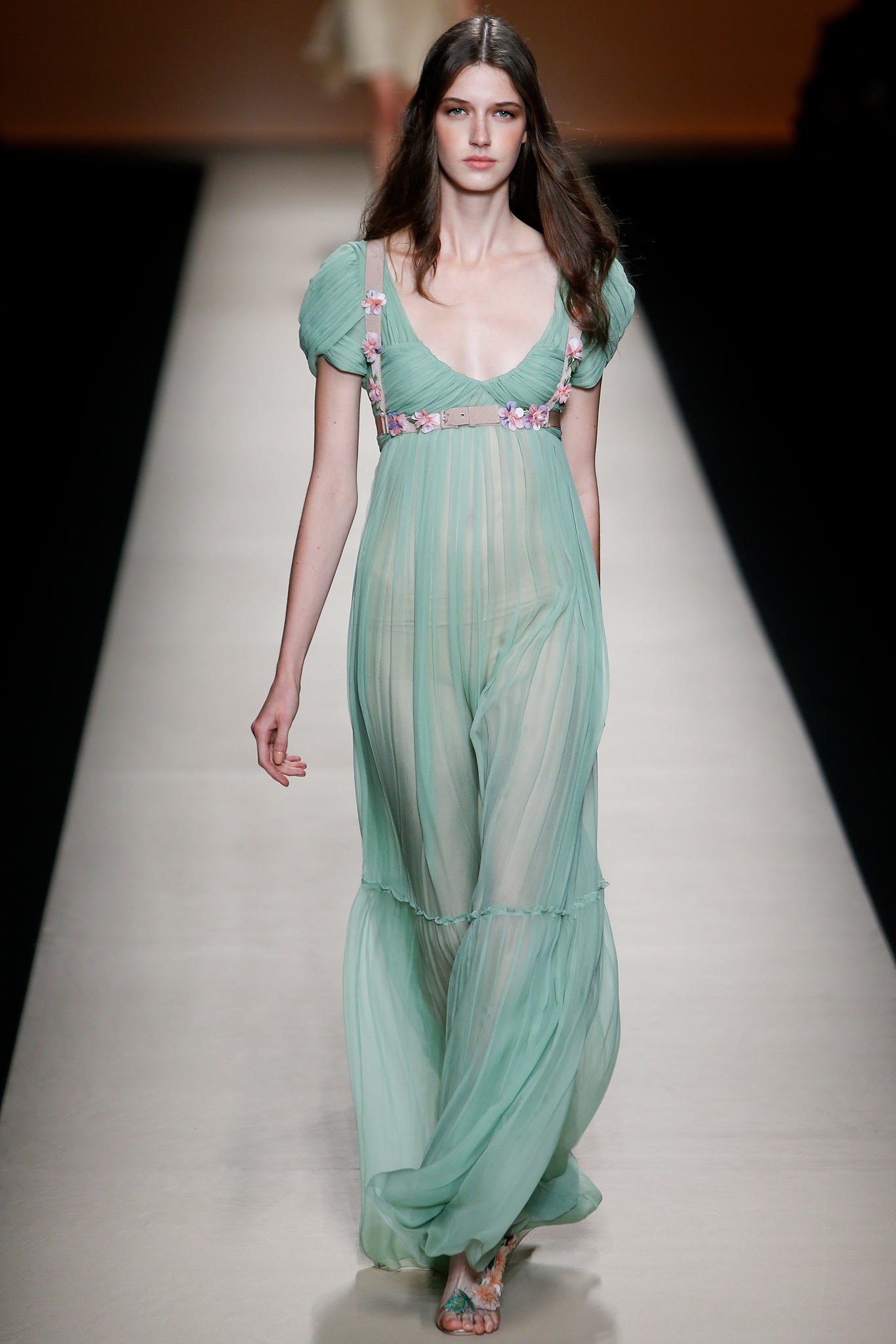 green sheer sleeveless gown