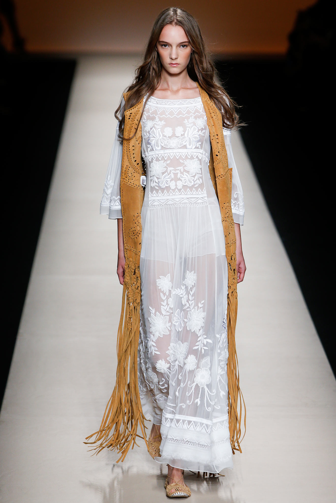 white sheer embroidered maxi dress with brown vest
