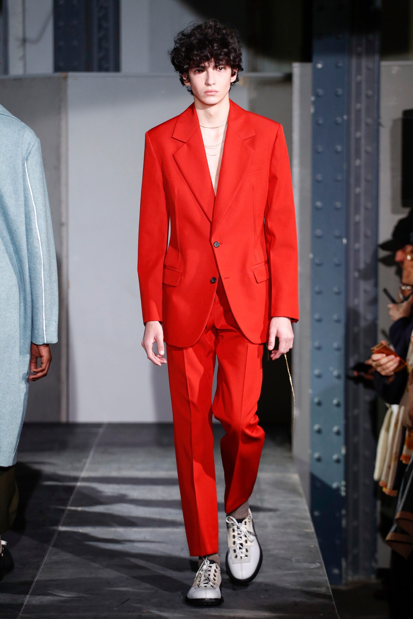red cotton long-sleeve collared tailored buttoned suit