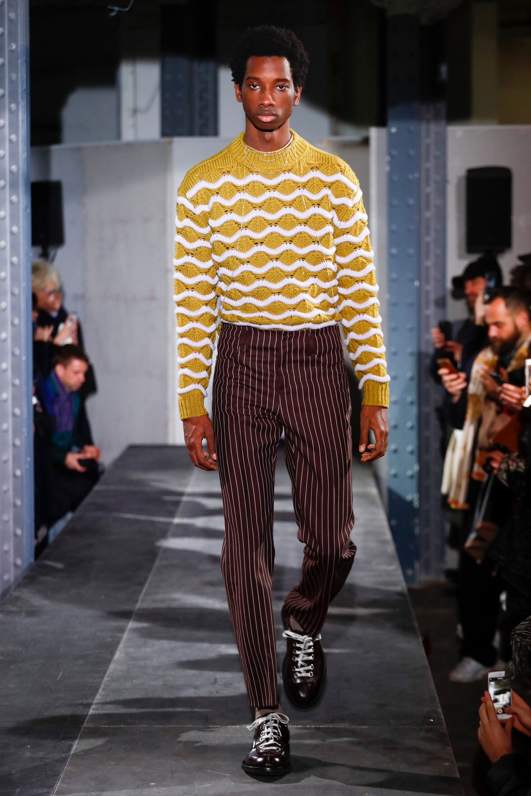 yellow wool long-sleeve collared fitted textured sweater