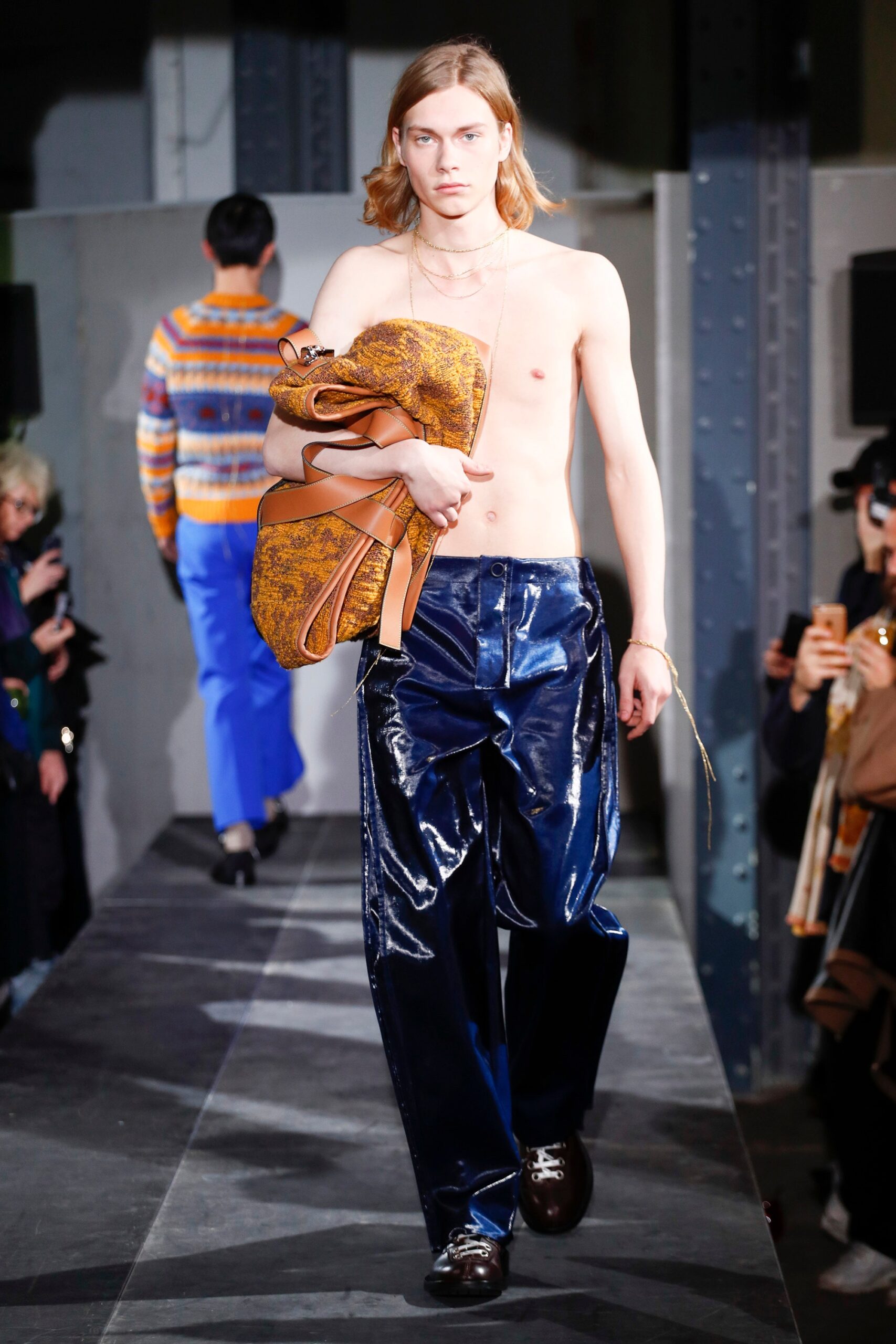 blue vinyl relaxed wide-leg shiny pants
