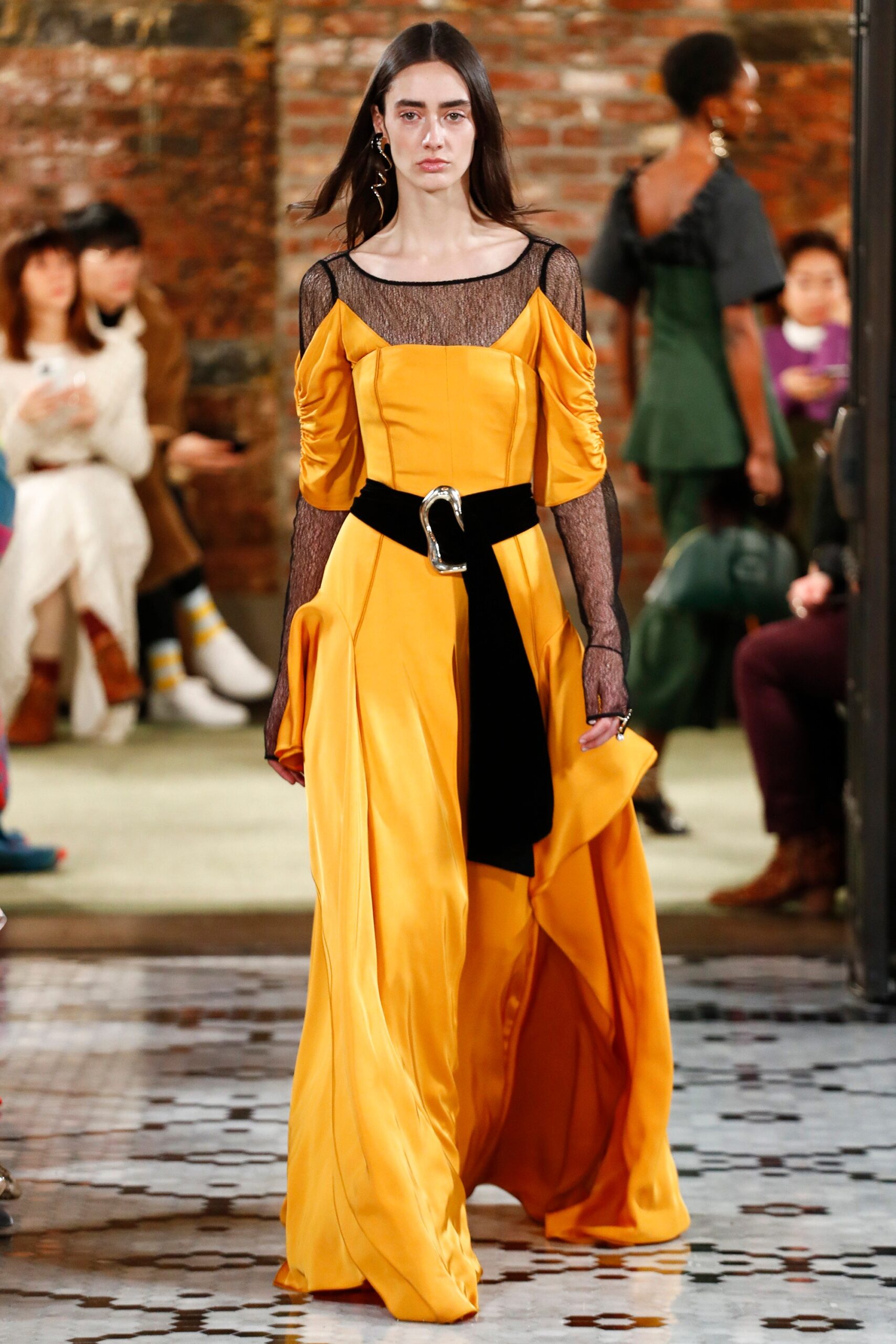 yellow silk off-shoulder gown