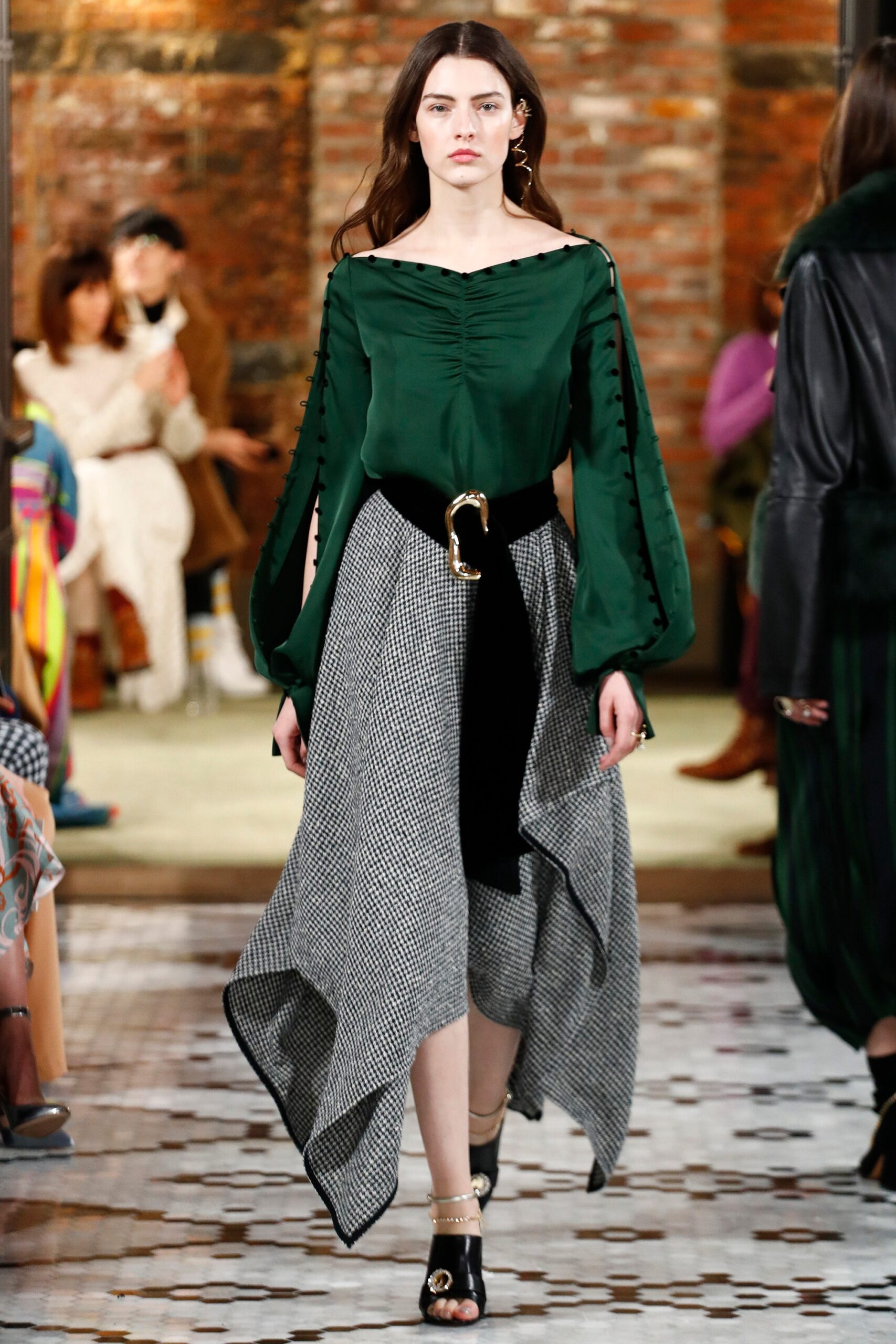 green silk long-sleeve off-shoulder fitted ruched blouse