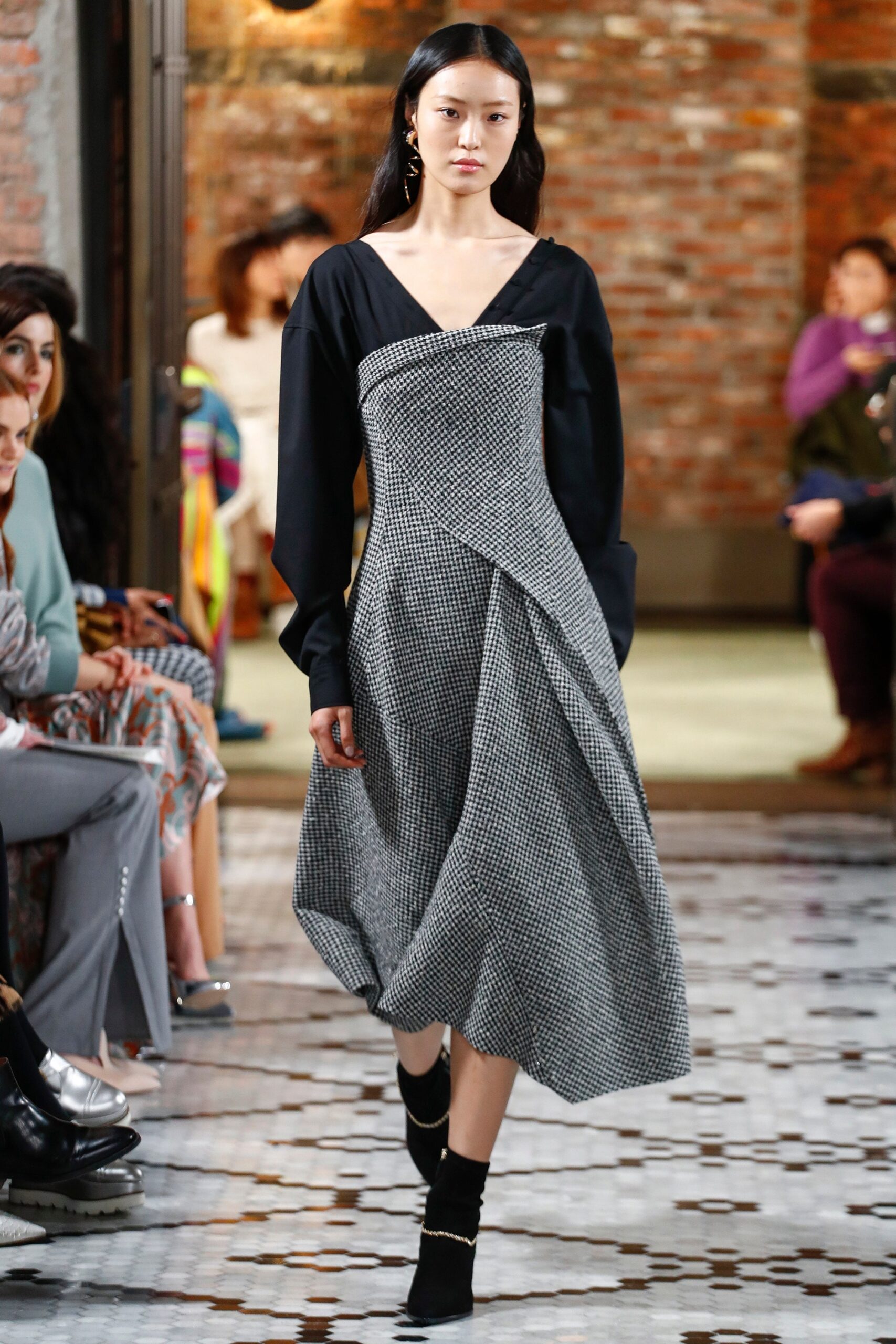 black and white draped midi dress
