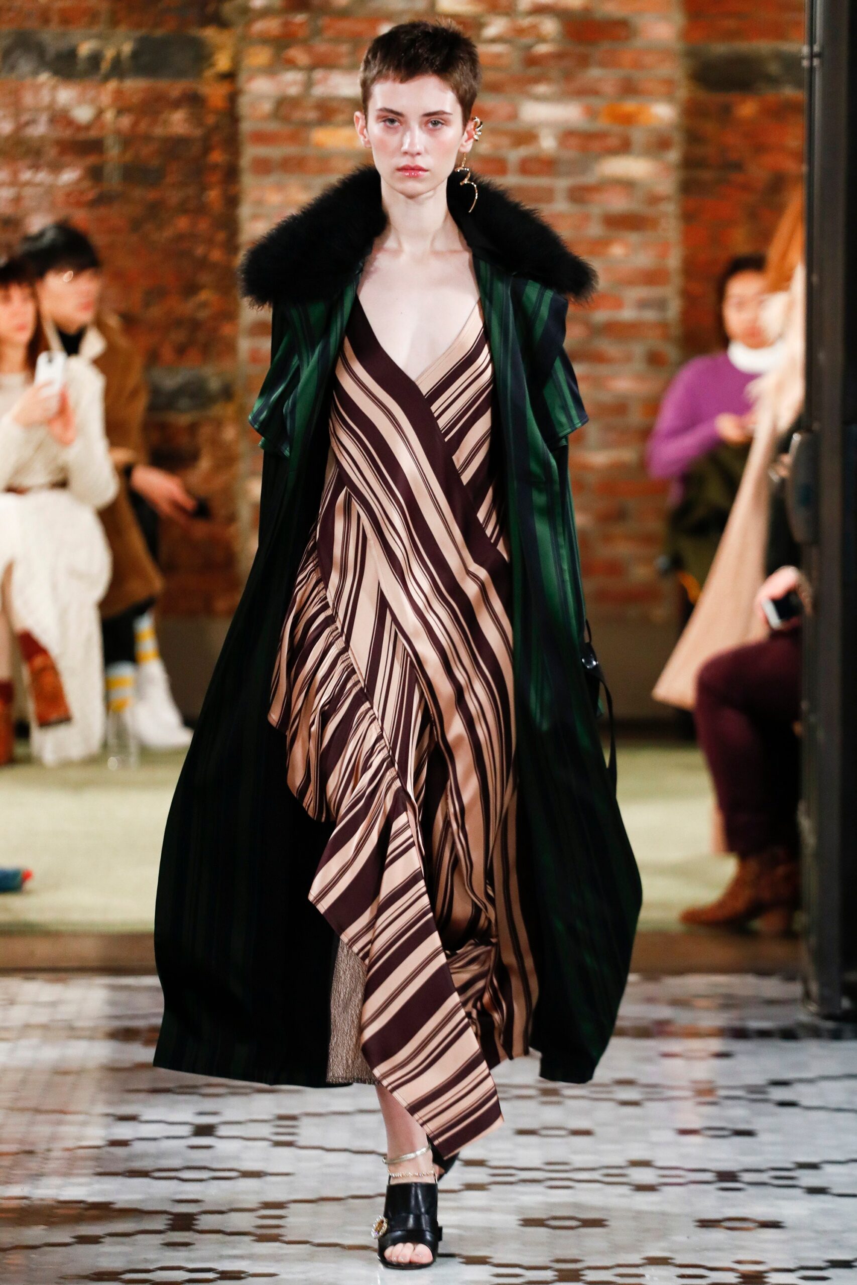 striped midi dress with green coat