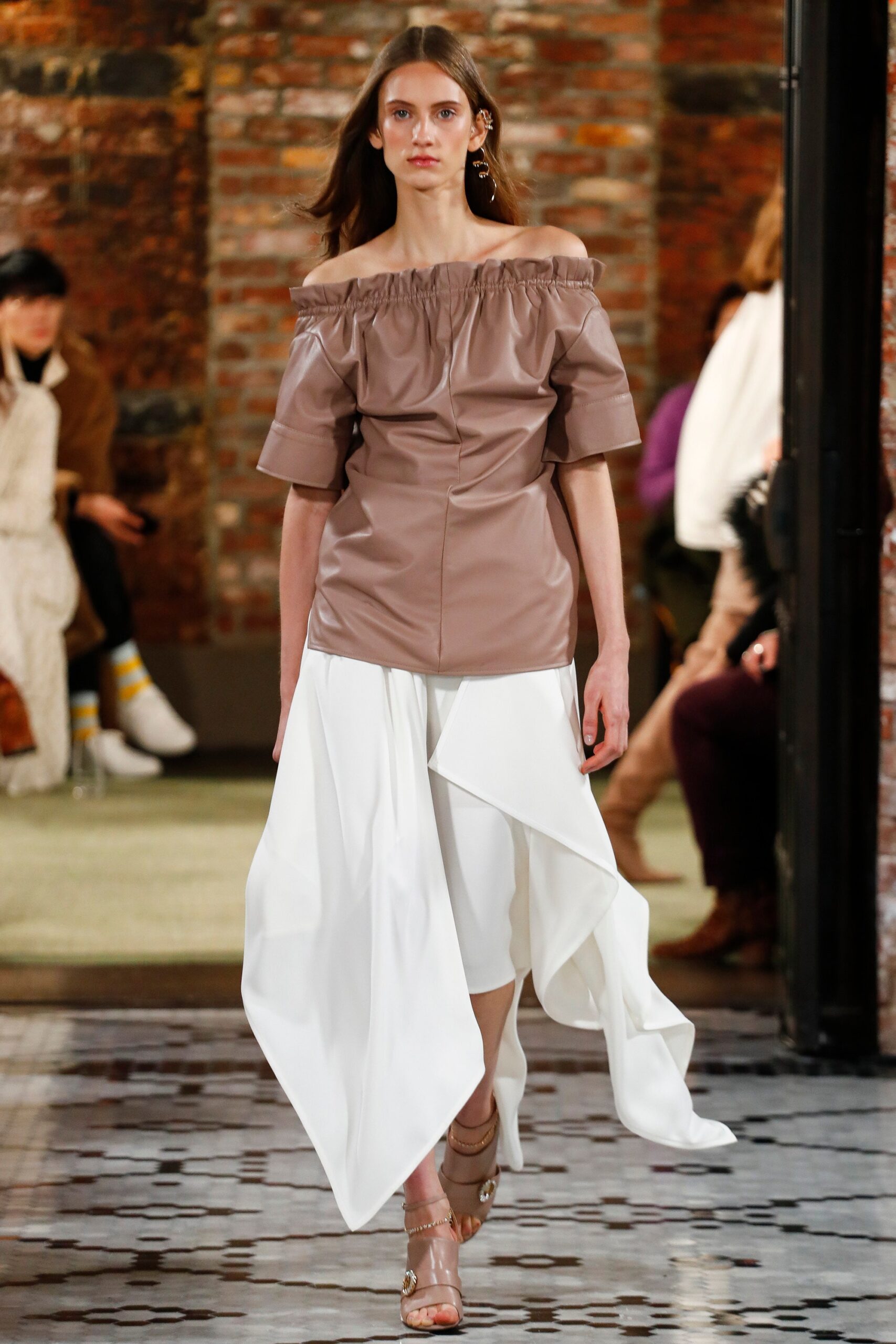 brown leather short-sleeve off-shoulder fitted draped top