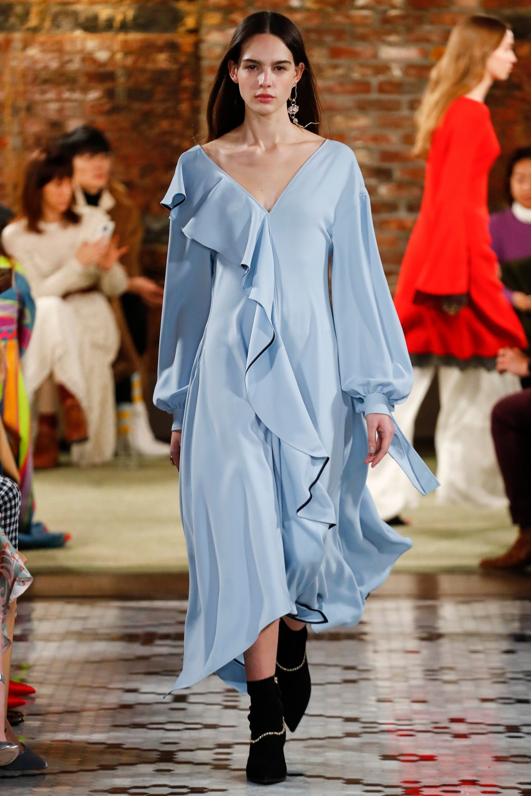 blue silk ruffled midi dress