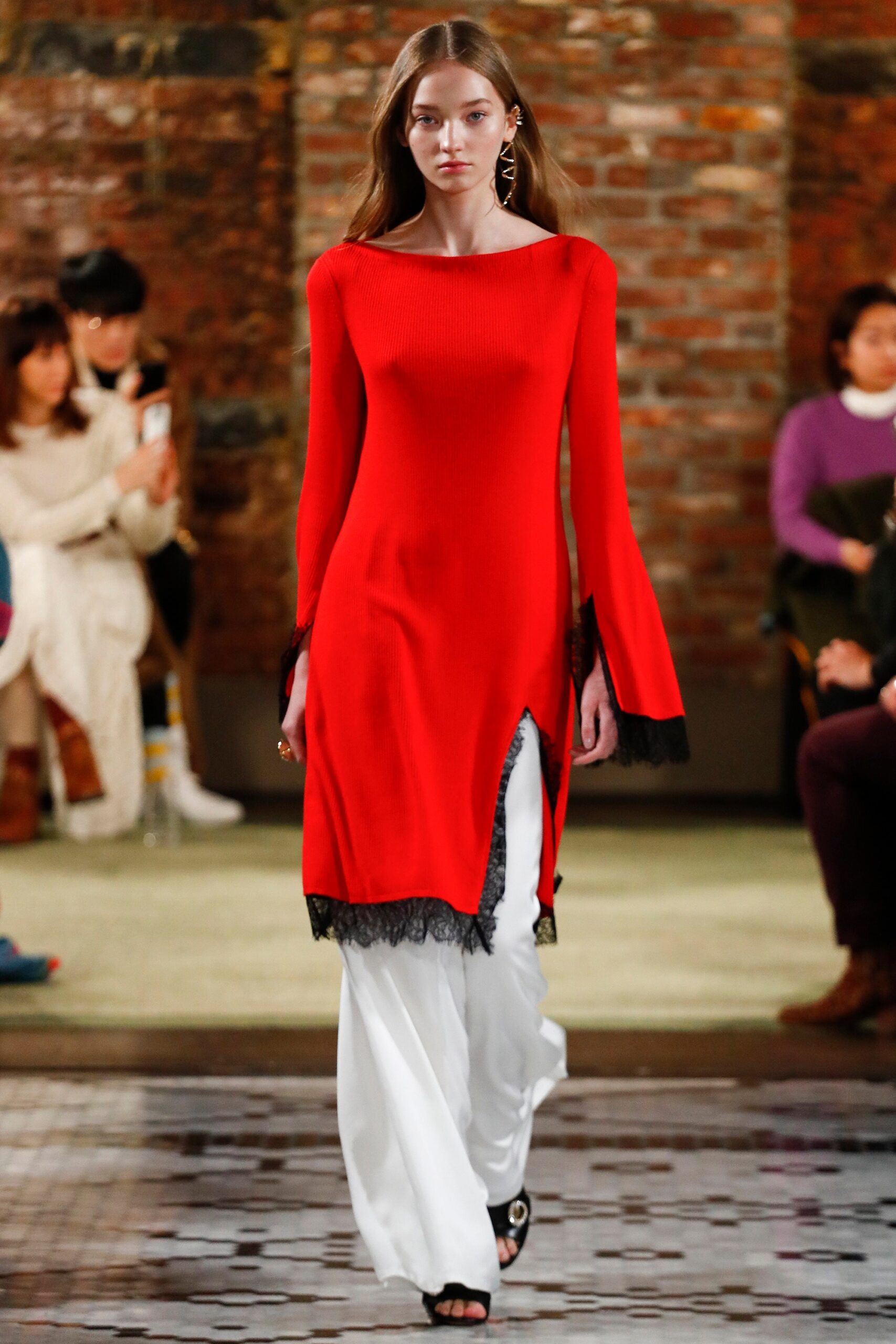 red cotton long-sleeve high-neck fitted layered top