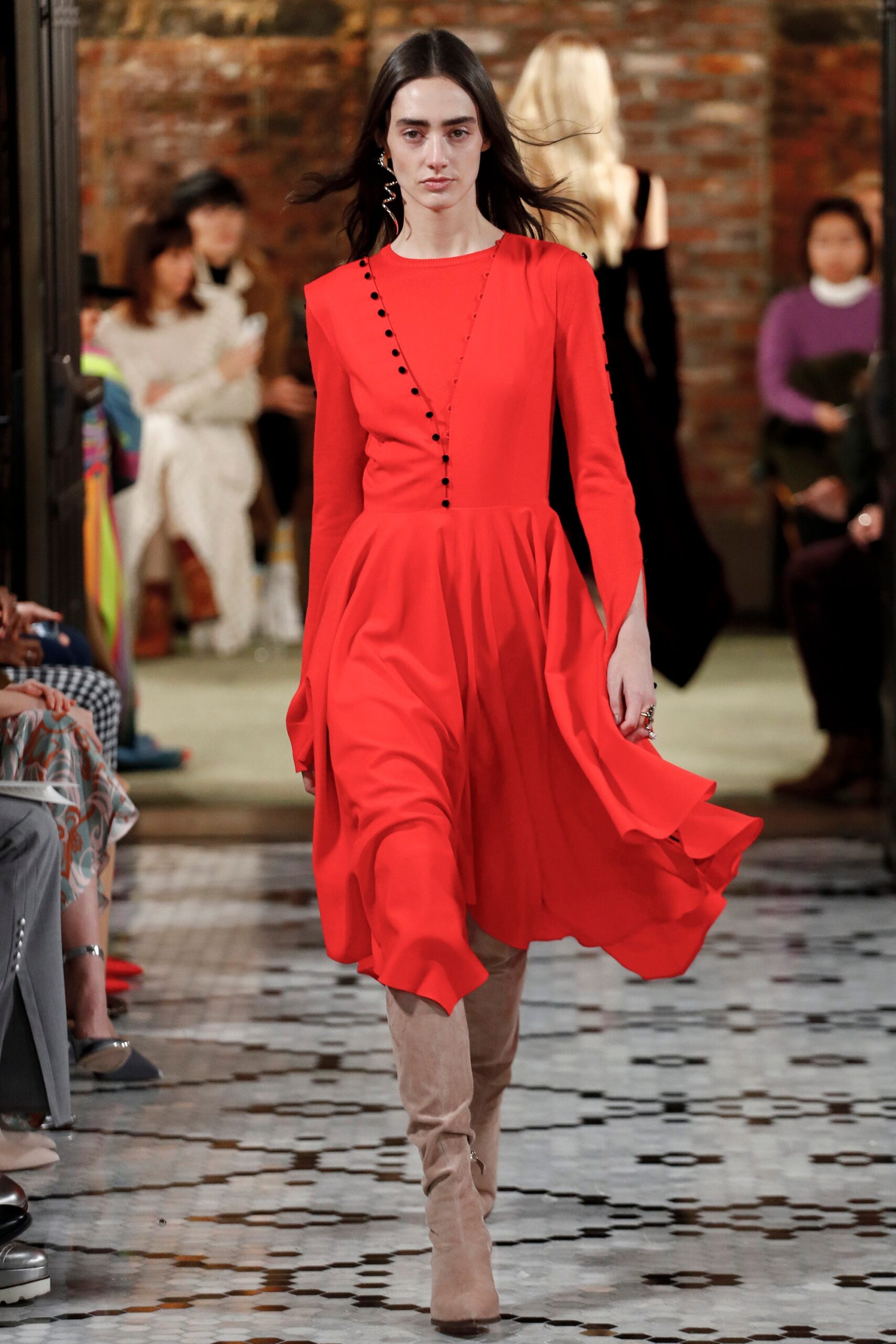 red silk long-sleeve dress