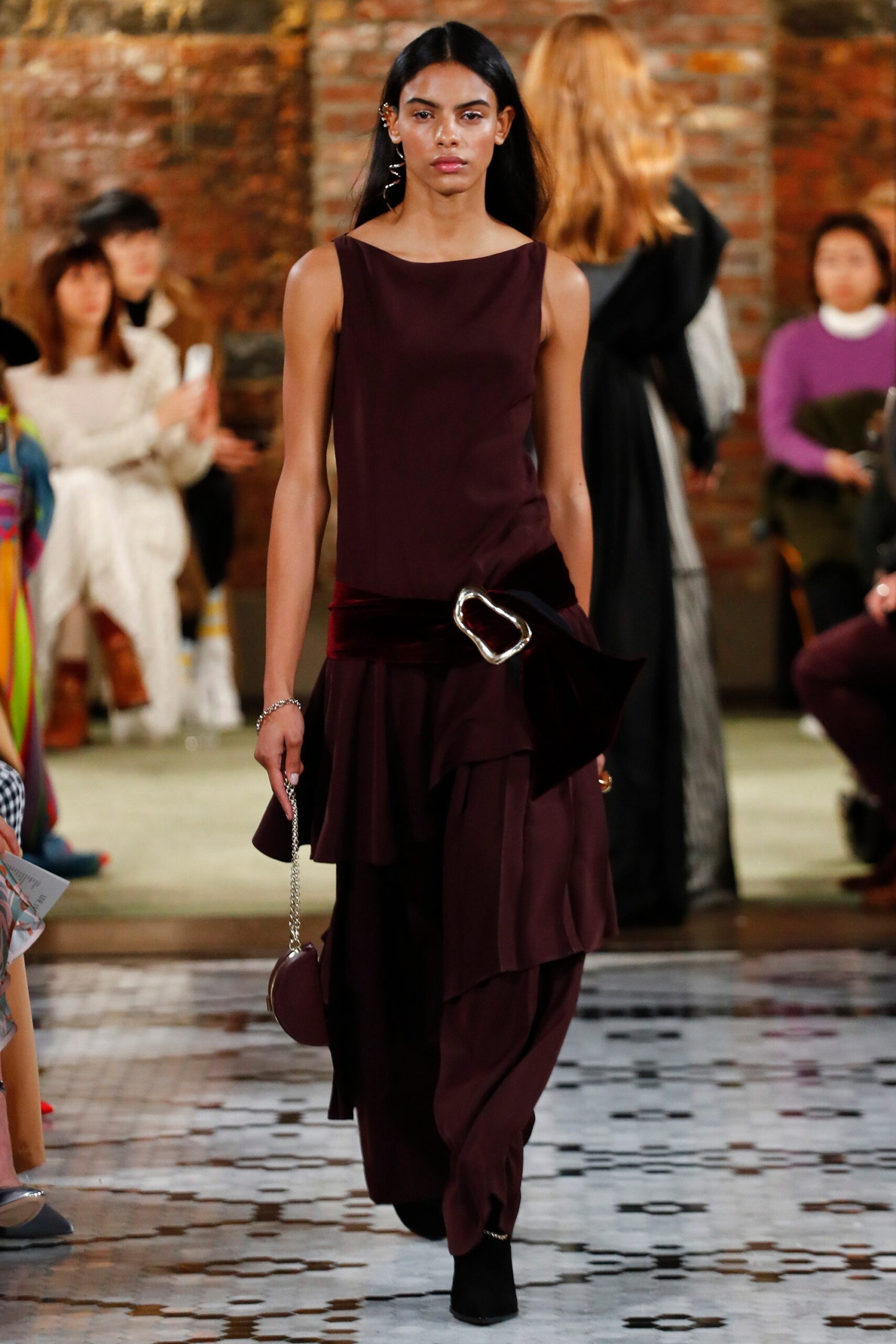 maroon silk sleeveless v-neck fitted draped midi dress