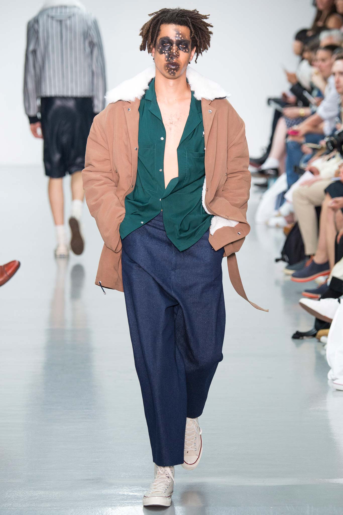 brown relaxed coat with green shirt