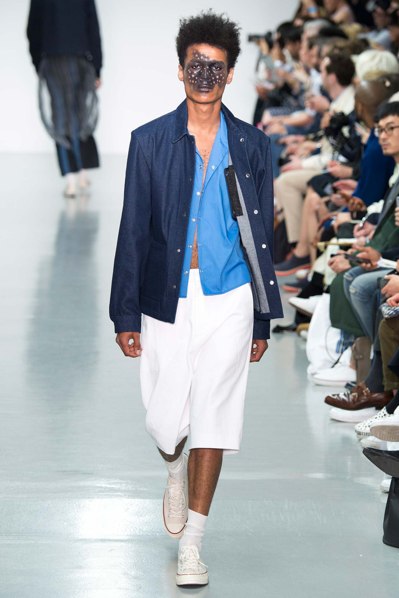 blue denim jacket with white shorts