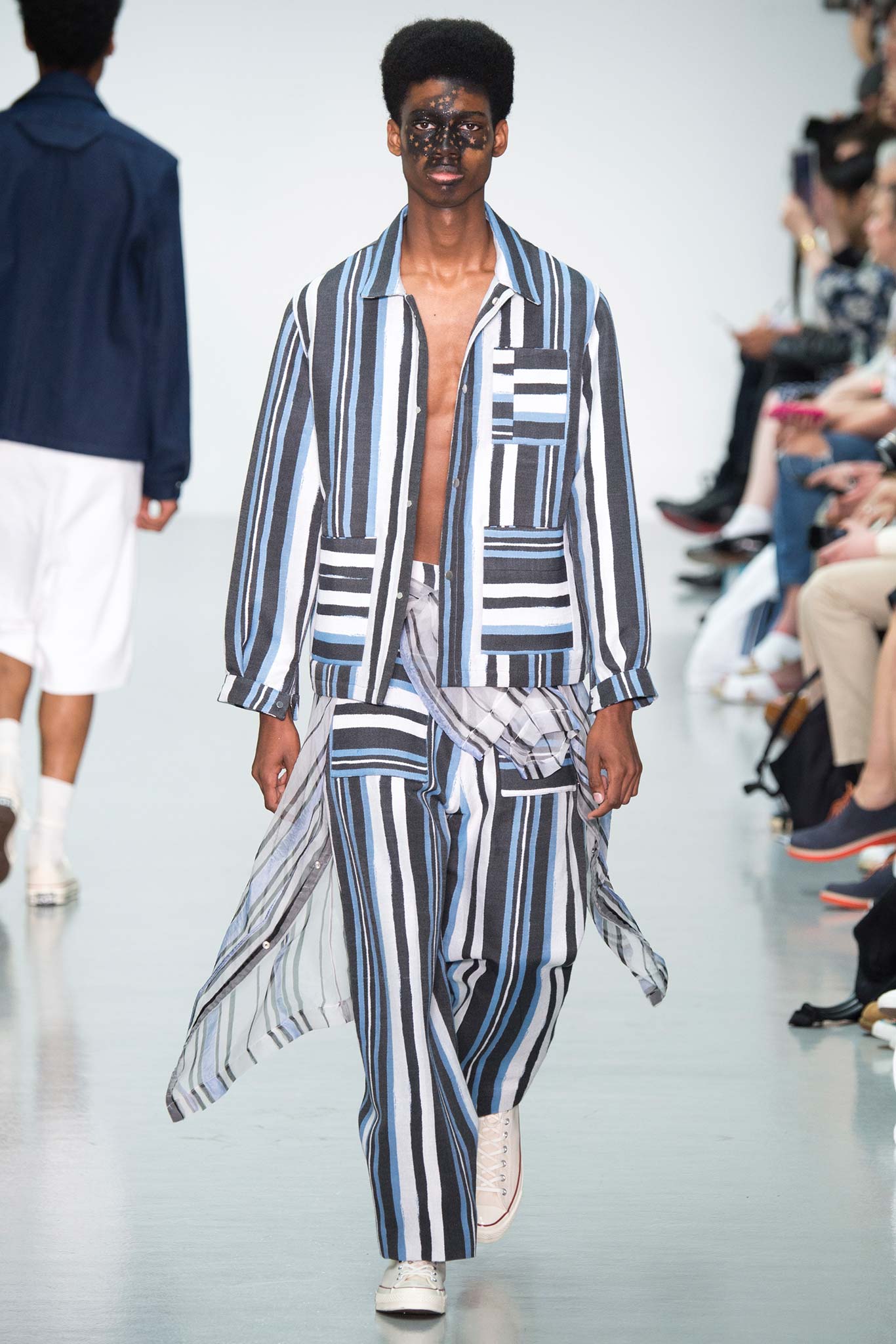 blue and white striped shirt and pants