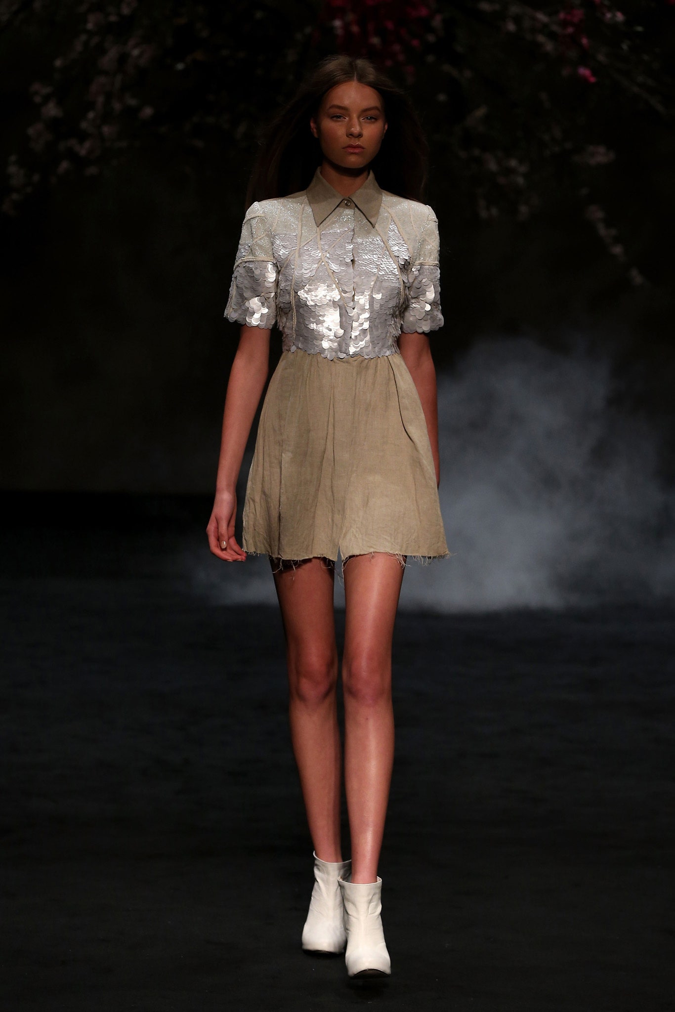 beige and white pleated mini dress