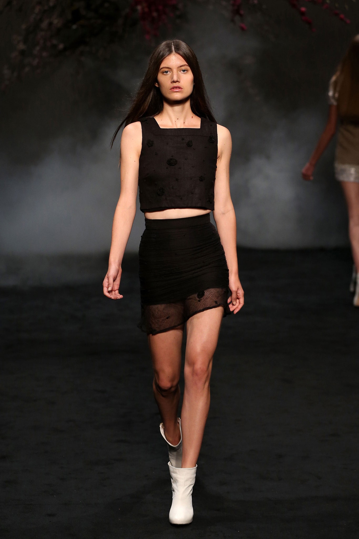 black silk crop-top and mini-skirt