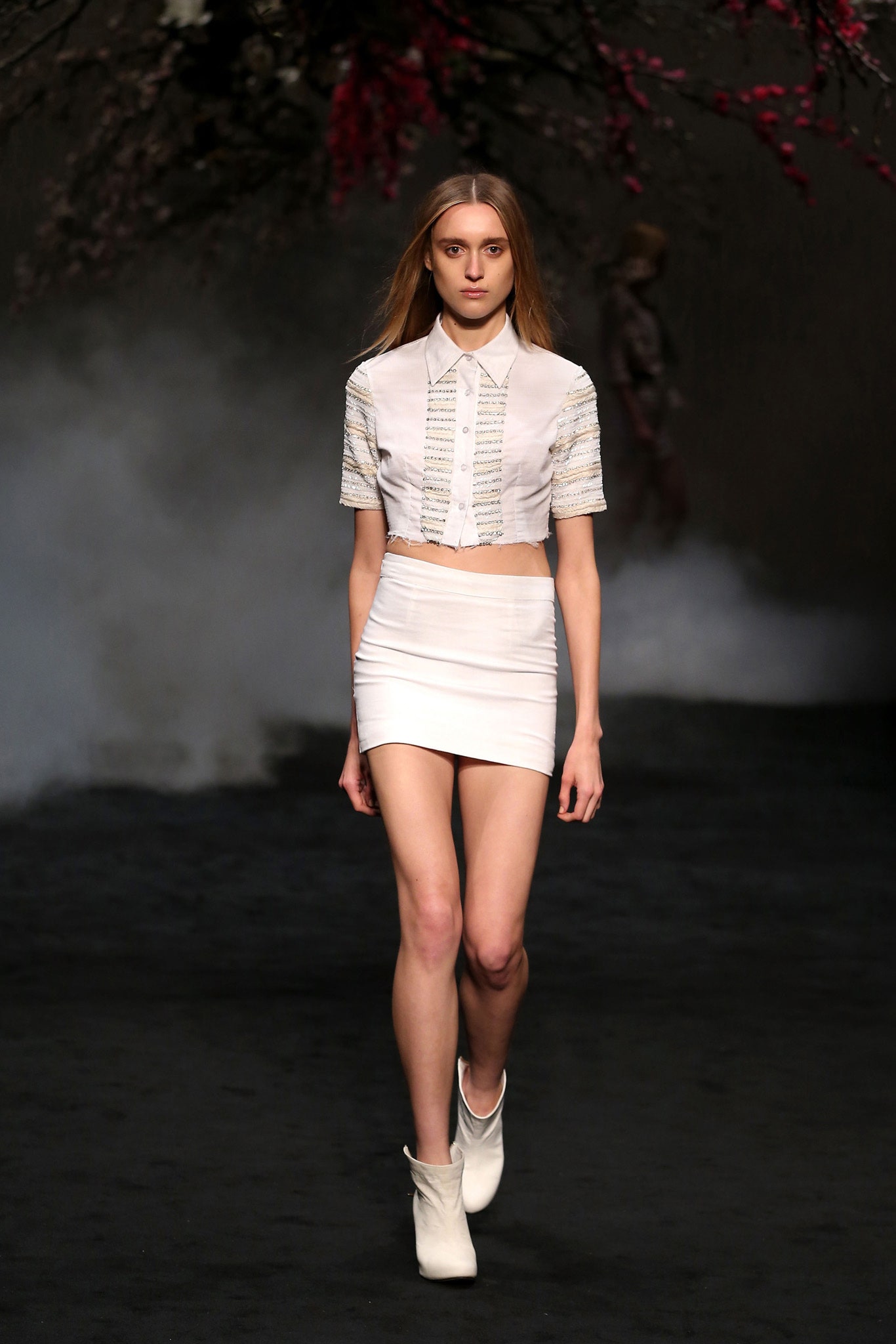 white cropped top mini skirt