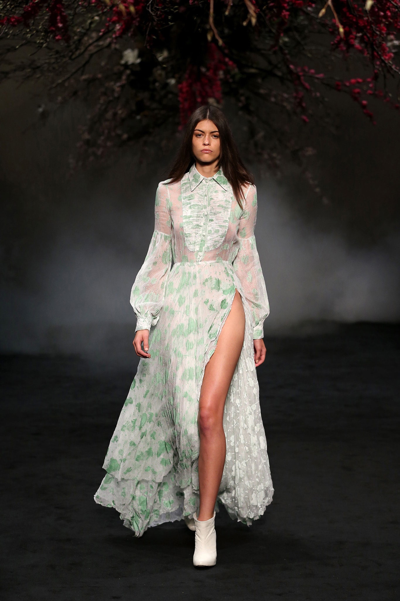 white and green pleated maxi dress