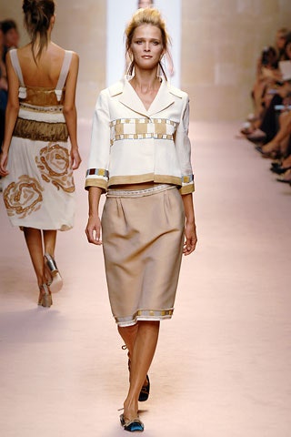 white cotton fitted jacket and beige pencil skirt