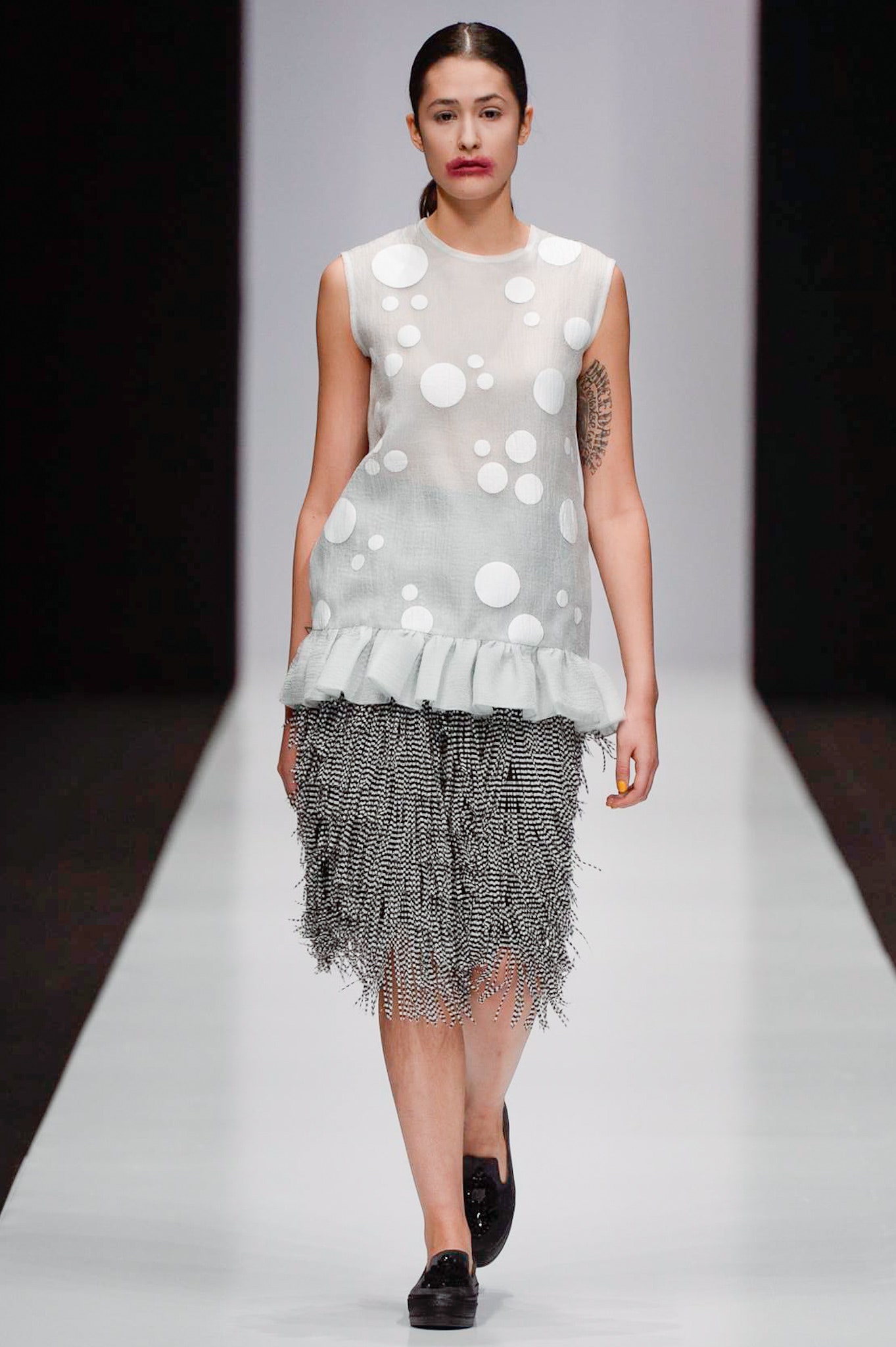 white gray printed top with fringed skirt