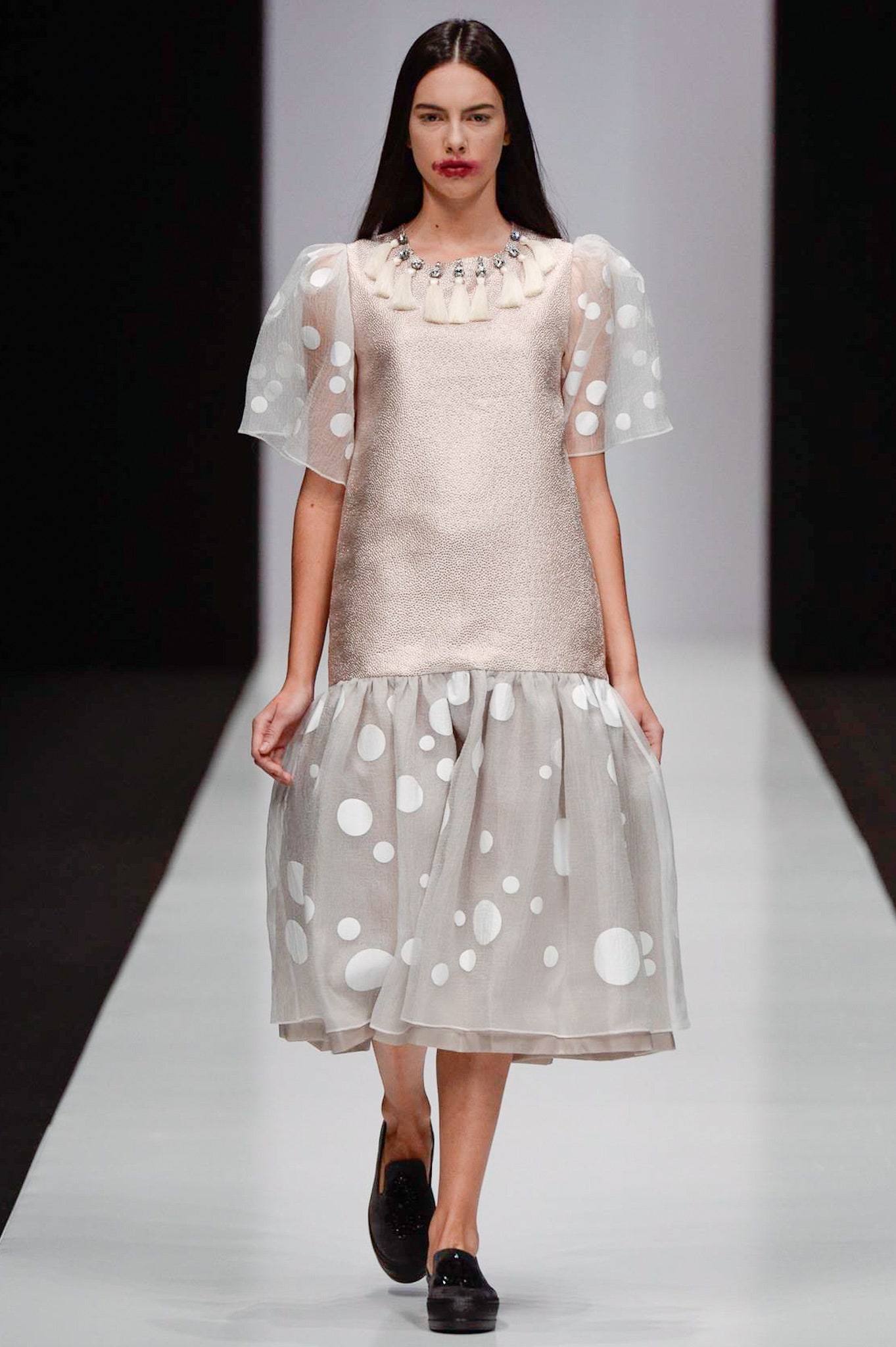 beige polka-dot midi dress