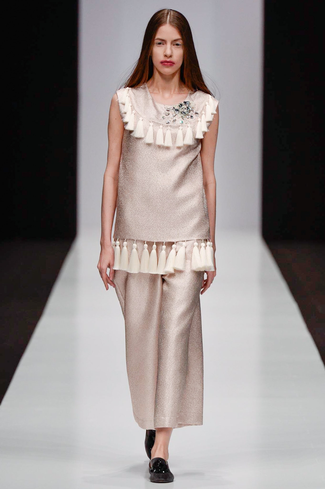 beige silk top and pants