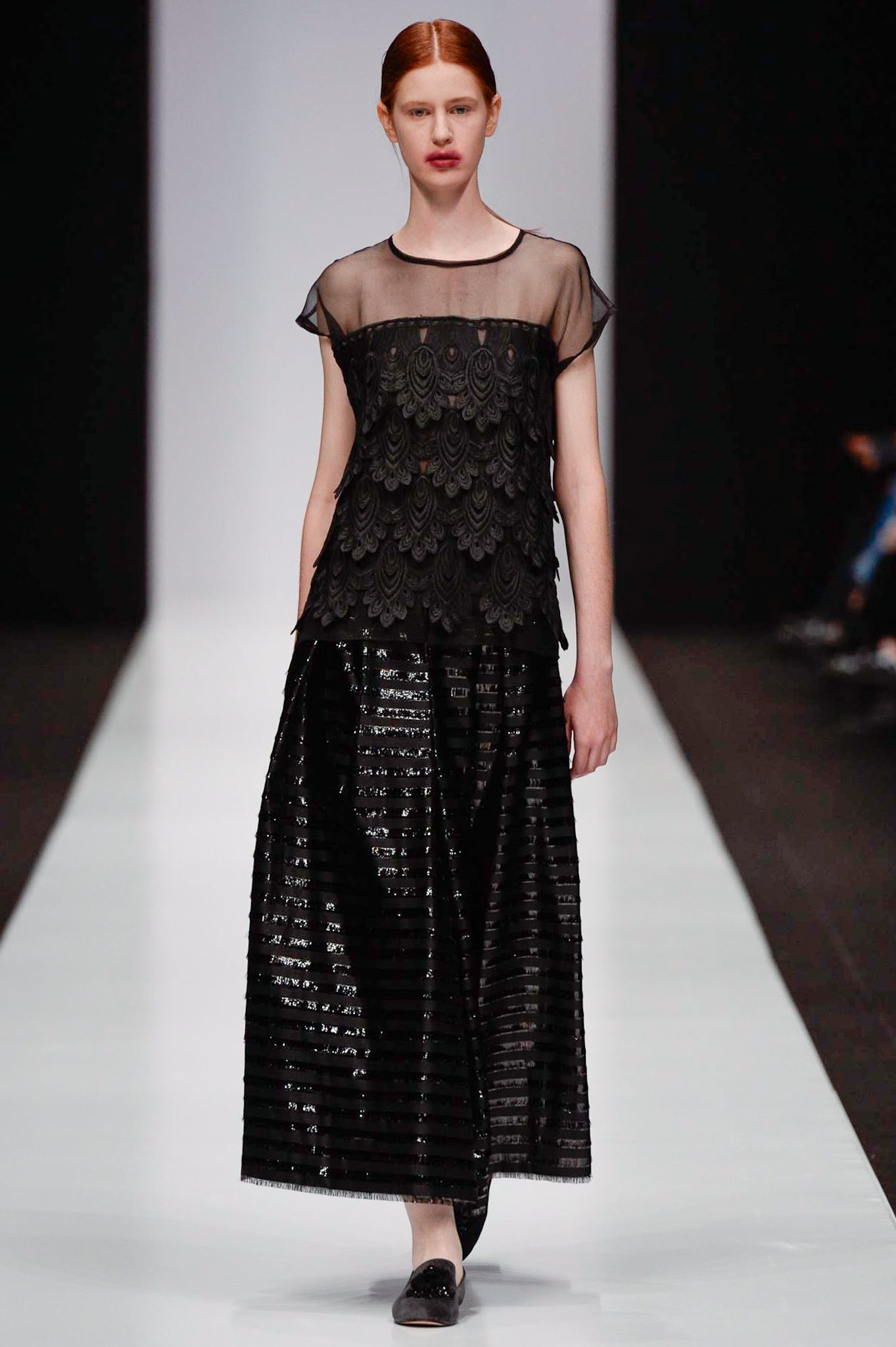 black sheer top and maxi skirt