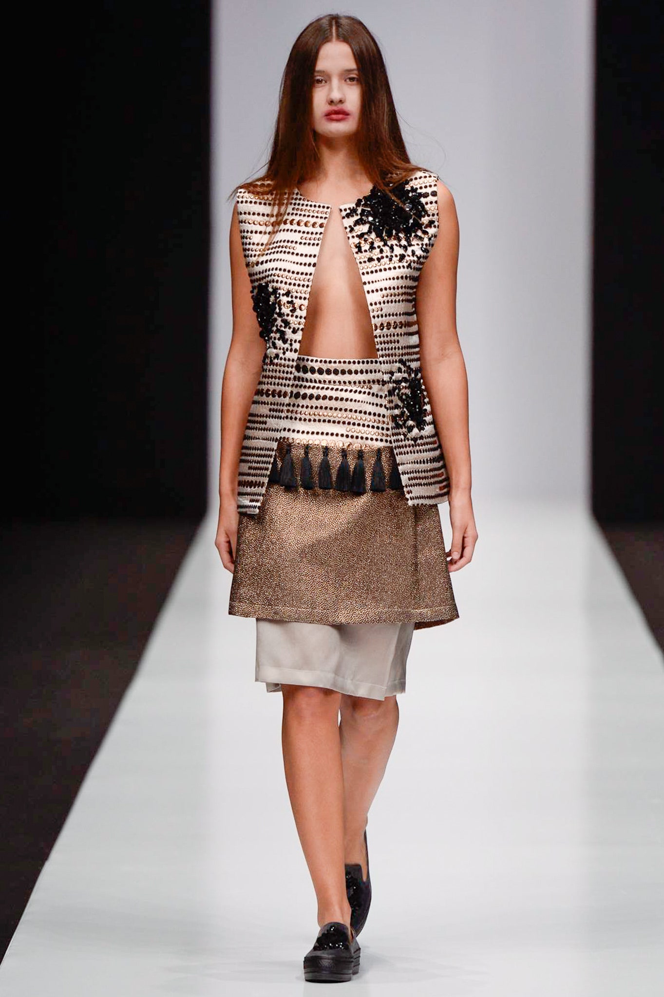 fitted black and white top with metallic skirt