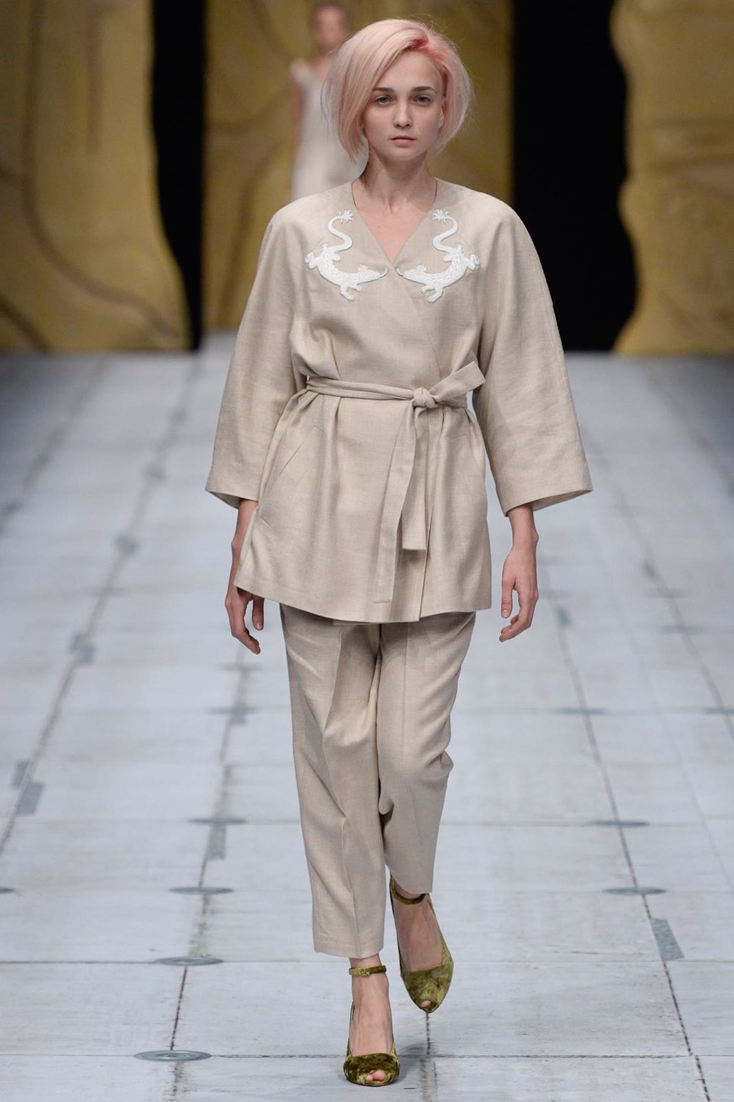beige relaxed blouse with tailored pants